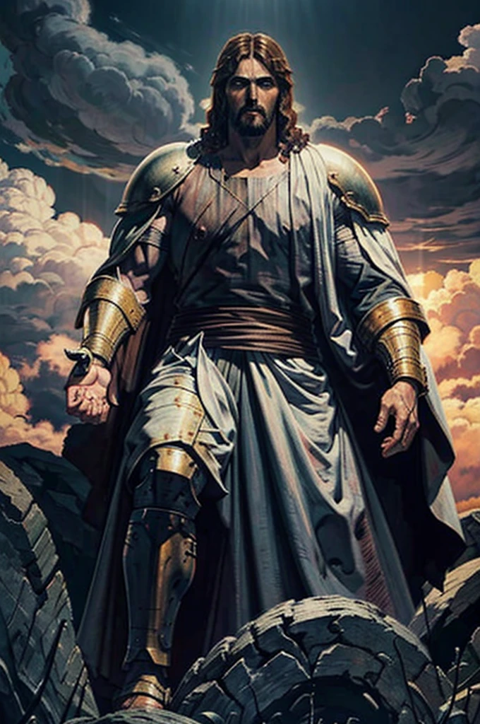 Jesus, defeating the devil in an epic way, Berserk style, manga style, epic, detailed