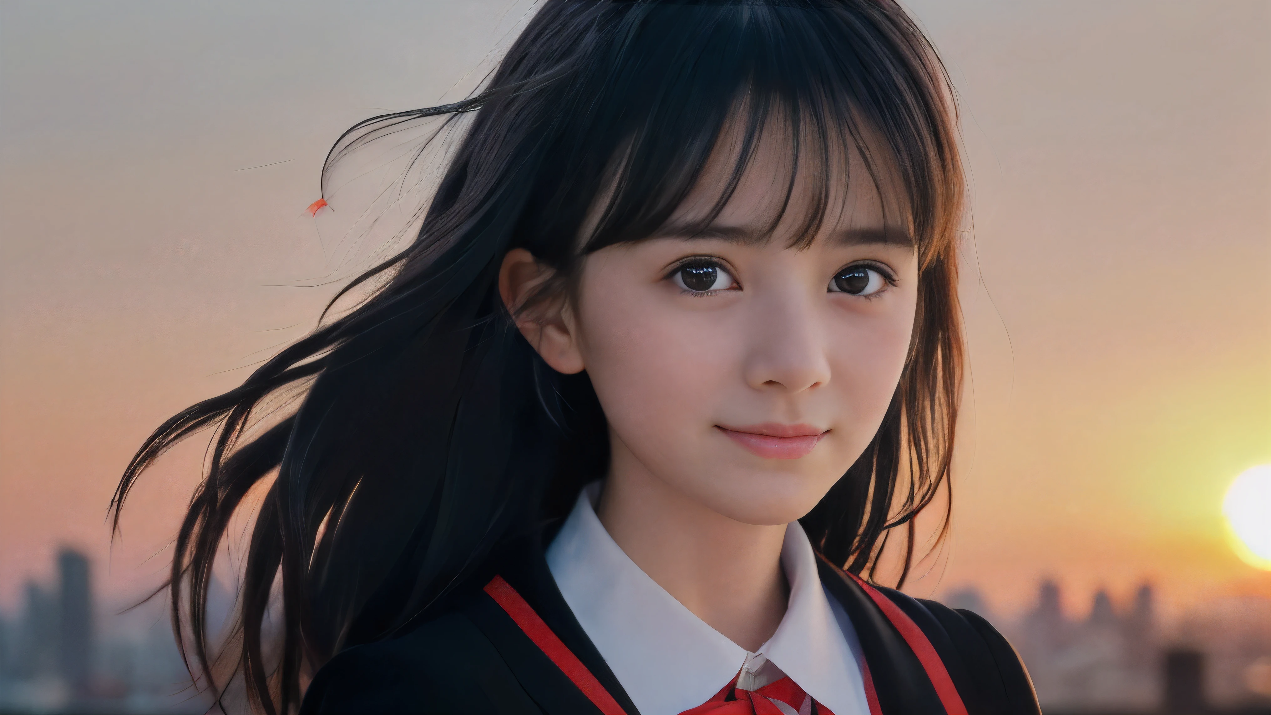 (Close up face shot of one slender small breasts two side up black medium hair bangs girl with crying little smile face in long sleeves black school uniform:1.5)、(One girl is facing at sunset red sky with her face is reflected sunset light and her hair is blowing in long sleeves black school uniform:1.5)、(Beautiful red sunset sky at skyscraper city landscape:1.5)、(8k ultra detailed master piece:1.5)、(perfect anatomy:1.5)、(Photorealistic stick:1.5)、(Raw photo:1.3)、(highest quality:1.5)、(High resolution:1.3)、(Delicate and beautiful perfect face:1.3)、(Delicate and beautiful eye air skin:1.3)、(Real Human Skin:1.3)、((thin legs))