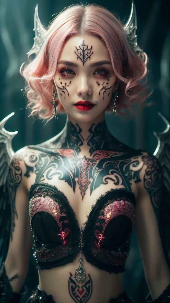 Cute Japanese woman, (), (Very cute face: 1.3), Red lips, White moist skin, Melancholic expression,
BREAK,
(Beautiful belly button), (White skin),
BREAK,
Female superior ancient strigoi vampire, Horror, Angel wings, Black wings, Red jewelry, (Big wings: 1.4), Satan, Hellfire, Full body, Devil, (Flame), (Rhinestone),
BREAK,
Short hair, (Short bob hair), (Bangs: 1.2), (Pink hair: 1.3), (Wavy hair),
BREAK,
(Facial tattoo: 1.4), (Facial rhinestones: 1.1),
BREAK,
Masterpiece, Perfect lighting, Ultra high resolution, 8K, (Very detailed: 1.4), (From the front), Looking at the camera,
BREAK,
(Neon lights: 1.2),