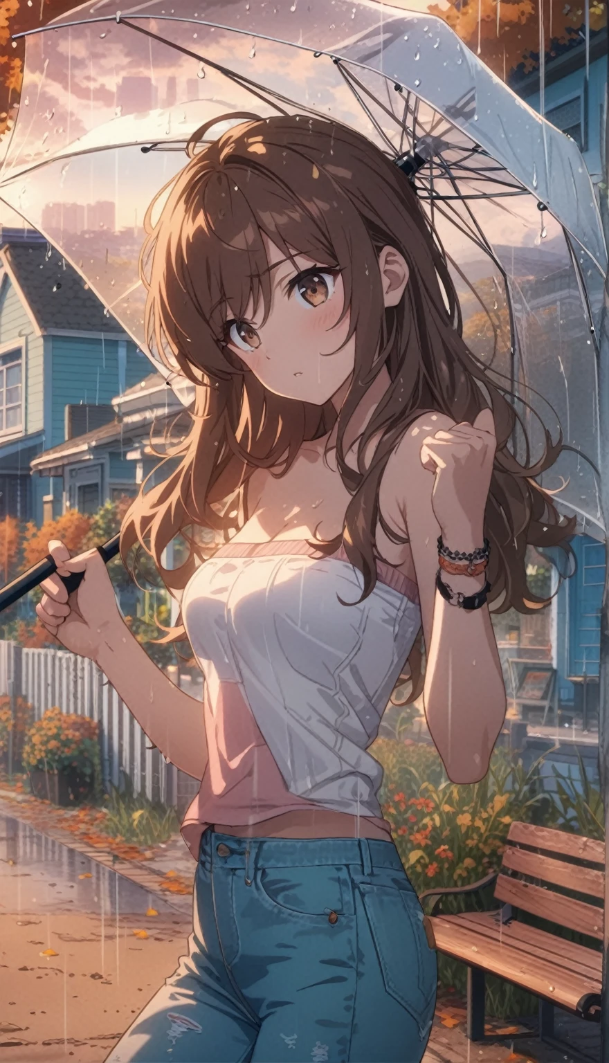 Best quality, masterpiece, dusk, holds umbrella, tree, flexing bicep, very long brown hair swept bangs and brown eyes, strapless tank top, jeans, sneakers, anime, neighborhood, autumn, dirt path, weeds, stores, bench, flowers, outdoors, clouds,teal buildings, white steps, fence, road, people in background, rain, puddles, overcast, dusk,