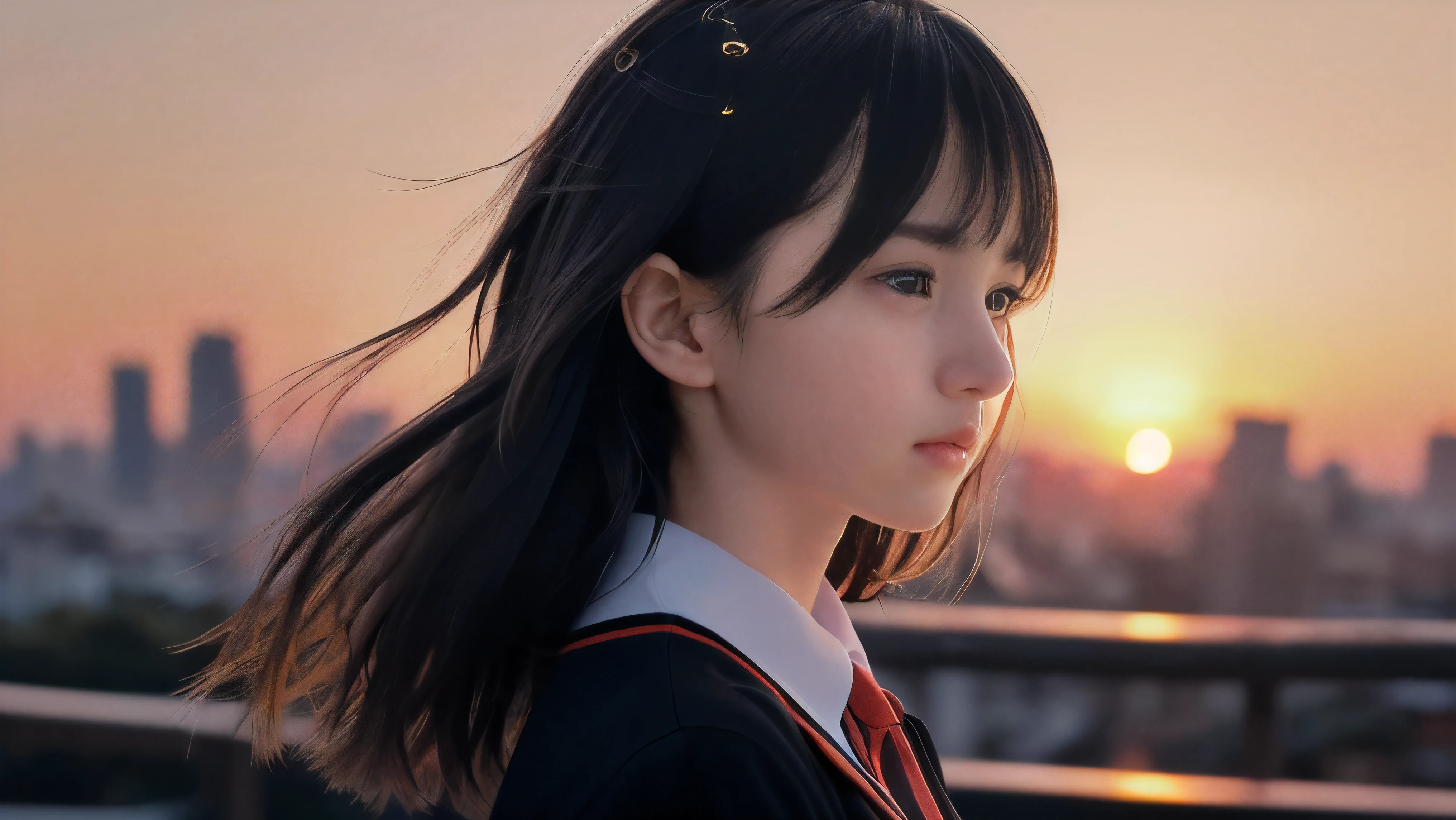 (Close up profile shot of one slender small breasts two side up black medium hair bangs girl with crying face in long sleeves black school uniform:1.5)、(One girl is looking at sunset red sky with her face is reflected sunset light and her hair is blowing in long sleeves black school uniform:1.5)、(Beautiful red sunset sky at skyscraper city landscape:1.5)、(8k ultra detailed master piece:1.5)、(perfect anatomy:1.5)、(Photorealistic stick:1.5)、(Raw photo:1.3)、(highest quality:1.5)、(High resolution:1.3)、(Delicate and beautiful perfect face:1.3)、(Delicate and beautiful eye air skin:1.3)、(Real Human Skin:1.3)、((thin legs))