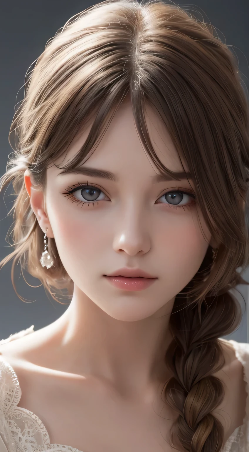 (photograph:1.2)、(photorealistic:1.3)、(masterpiece:1.3)、(Highest image quality:1.4)、ultra high resolution、(detailed eyes)、(detailed facial features)、(Detailed garment features)、8K resolution、solo focus、26 year old mature woman、small face、no makeup、Detailed leal beautiful eyes、bangs、gold hair、long cut hair, braided  hair、(realistic skin)、beautiful skin、charming、ultra high resolution、Super realistic、High definition、Camisa branca aberta,middlebre、small breasts、bust B cup、small breasts、cool beauty、Gray background、cinematic lighting、perfect、soft light、High resolution skin:1.2、realistic skin texture、26 years old mature woman、small face、no makeup、Bust B Cup、Detailed beautiful brown eyes、short hair、dark brown hair、Cool beauty、