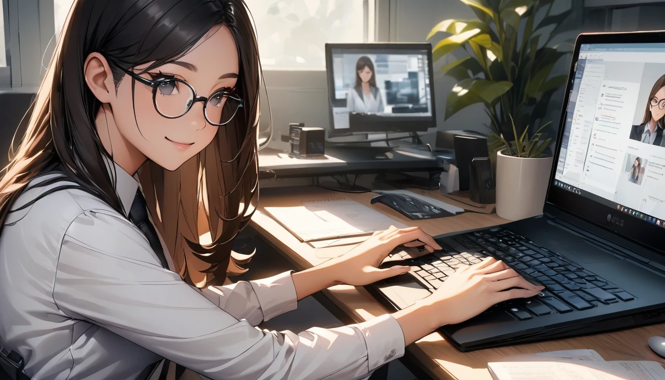Office workers working on a computer,Portraiture,Professional,Wearing a smart suit,Stylish glasses,Typing on a sleek laptop,Use a wireless mouse,Sitting at a modern desk,A soft smile,Soft natural light,High resolution,High resolution,Very detailed.One Woman ,alone