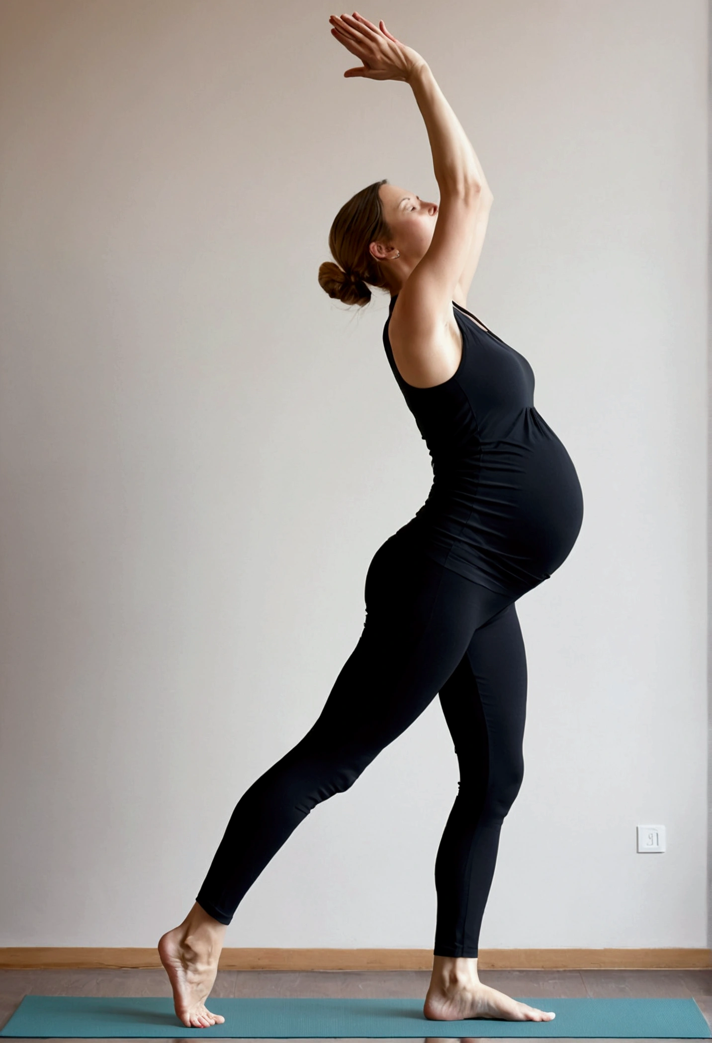Yoga prenatal, Mountain Pose (Tadasana), photo superrealista, focus on full body yoga posture , A pregnant woman in a black top and black pants, standing confidently and elegantly on a flat surface explaining the posture of the "Step 2, with feet together or slightly apart, distributing weight evenly looking at the camera". The posture is relaxed and natural, showing a side full body pose, in a prenatal yoga pose, with a touch of confident action in the style of Alina Ivanchenko and Anna Nikonova.