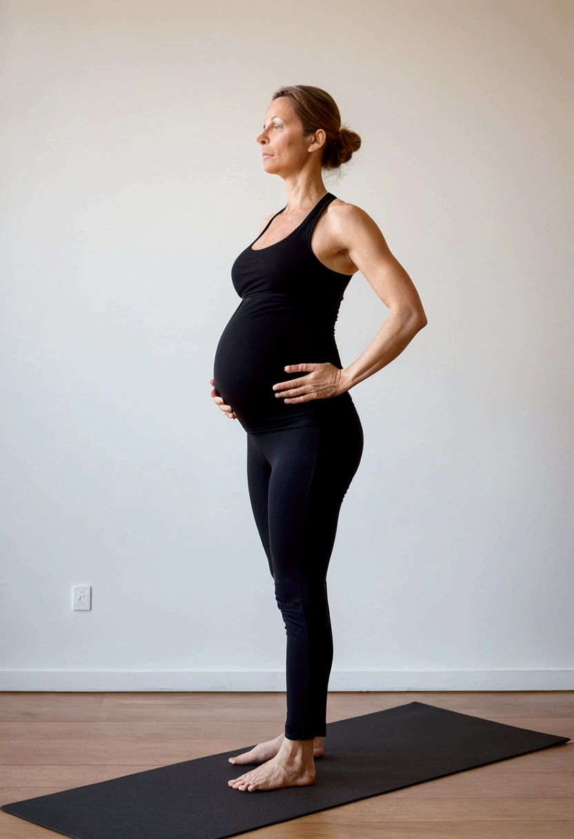 Yoga prenatal, Mountain Pose (Tadasana), photo superrealista, focus on full body yoga posture , A pregnant woman in a black top and black pants, standing confidently and elegantly on a flat surface explaining the posture of the "Step 2, with feet together or slightly apart, distributing weight evenly looking at the camera". The posture is relaxed and natural, showing a side full body pose, in a prenatal yoga pose, with a touch of confident action in the style of Alina Ivanchenko and Anna Nikonova.