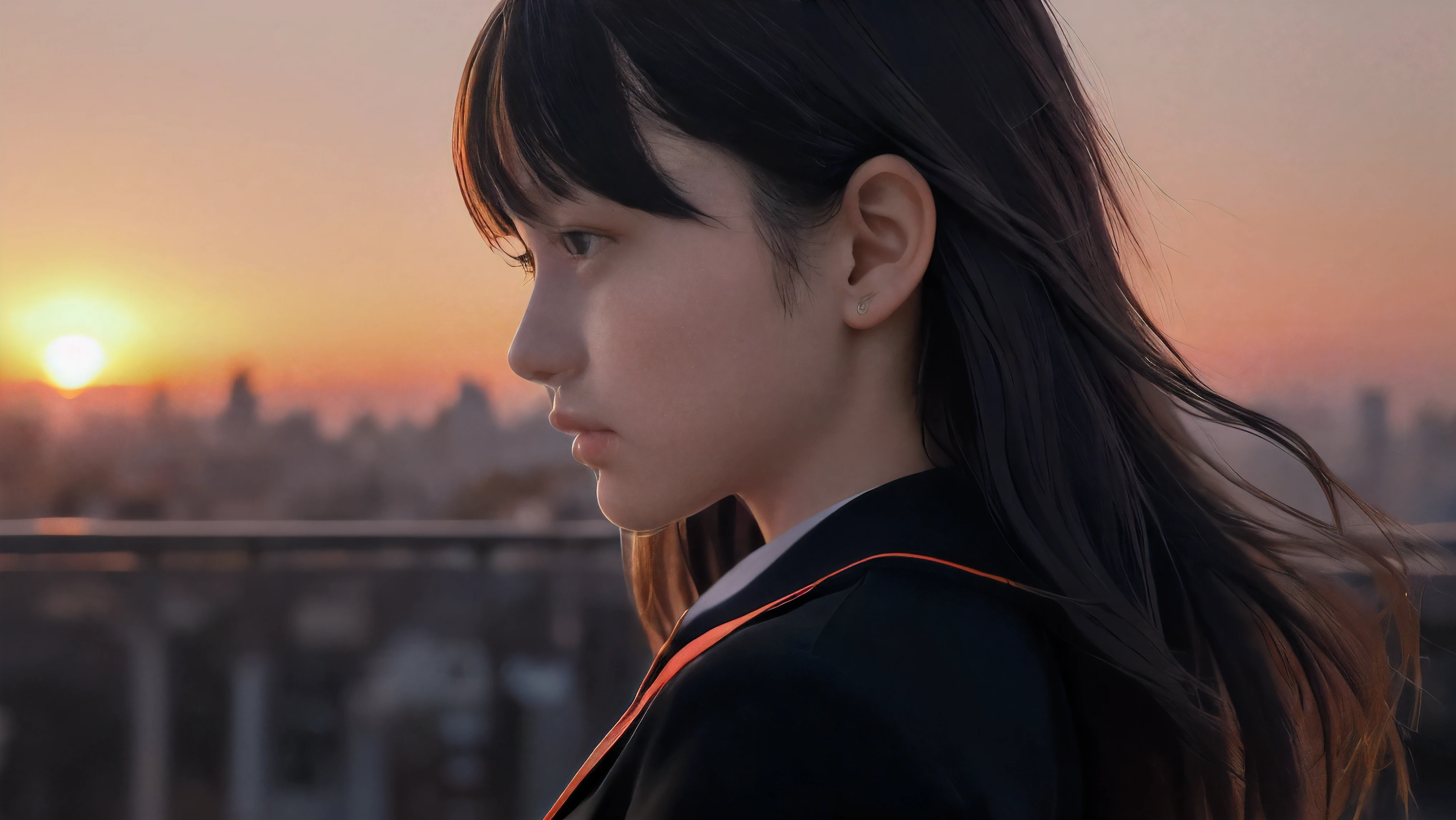 (Close up profile shot of one slender small breasts two side up black medium hair bangs girl with crying face in long sleeves black school uniform:1.5)、(One girl is looking at sunset red sky with her face is reflected sunset light and her hair is blowing in long sleeves black school uniform:1.5)、(Beautiful red sunset sky at skyscraper city landscape:1.5)、(8k ultra detailed master piece:1.5)、(perfect anatomy:1.5)、(Photorealistic stick:1.5)、(Raw photo:1.3)、(highest quality:1.5)、(High resolution:1.3)、(Delicate and beautiful perfect face:1.3)、(Delicate and beautiful eye air skin:1.3)、(Real Human Skin:1.3)、((thin legs))