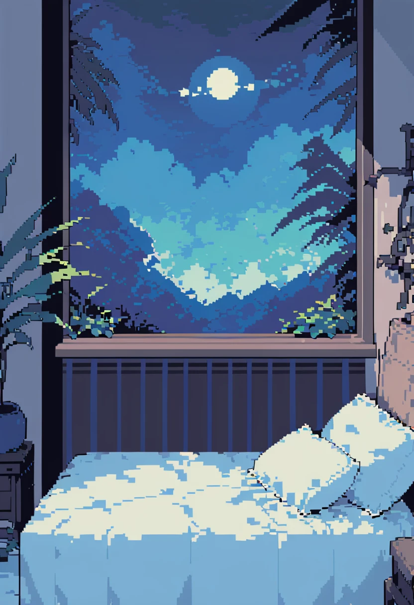 pixel art, close up of bed, night time, dark blue hues, desaturated colors