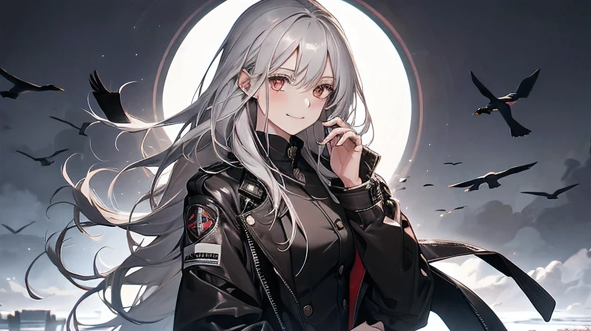 (Confused, High resolution, Very detailed), 1 female, Silver Hair,Long Hair,Reddish brown eyes,black pilot jacket,Black and white suit,20th Generation,Beautiful woman,A shy smile,thin,Are thin,quiet,Calm,Carrying a white crow,Accompanied by many white crows,