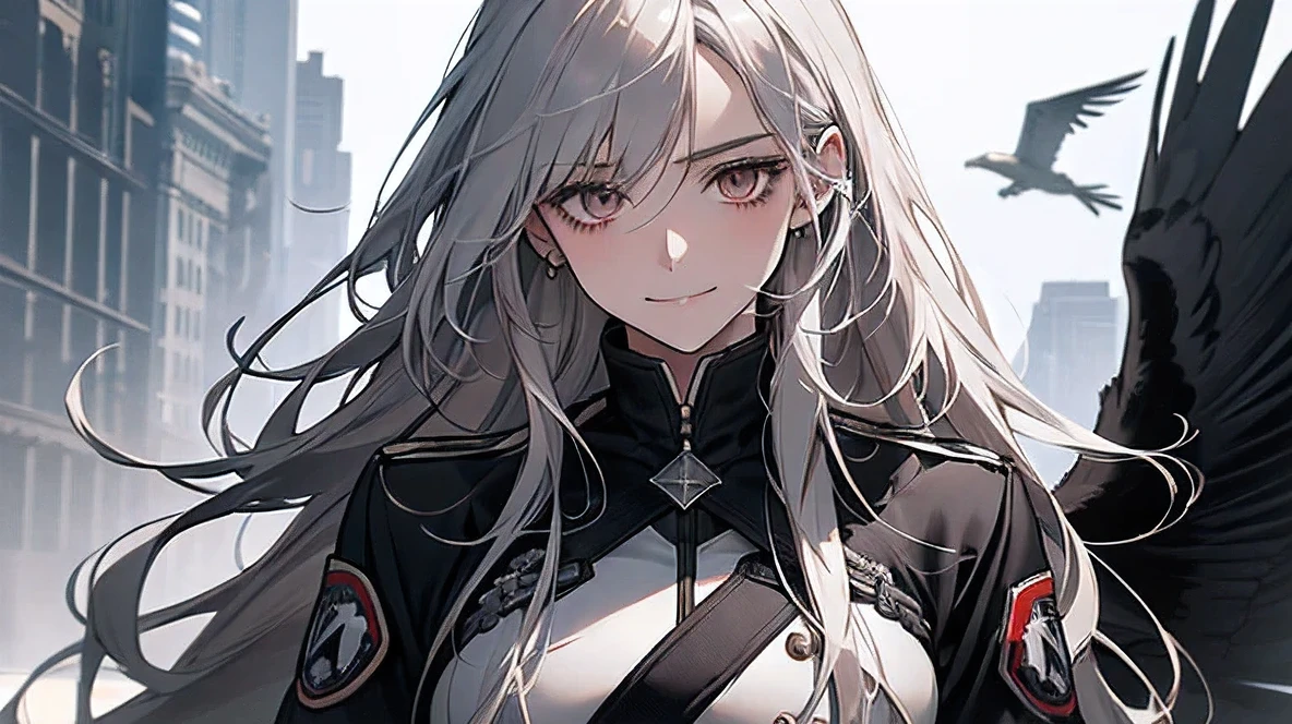 (Confused, High resolution, Very detailed), 1 female, Silver Hair,Long Hair,Reddish brown eyes,black pilot jacket,Black and white suit,20th Generation,Beautiful woman,A shy smile,thin,Are thin,quiet,Calm,Carrying a white crow,Accompanied by many white crows,