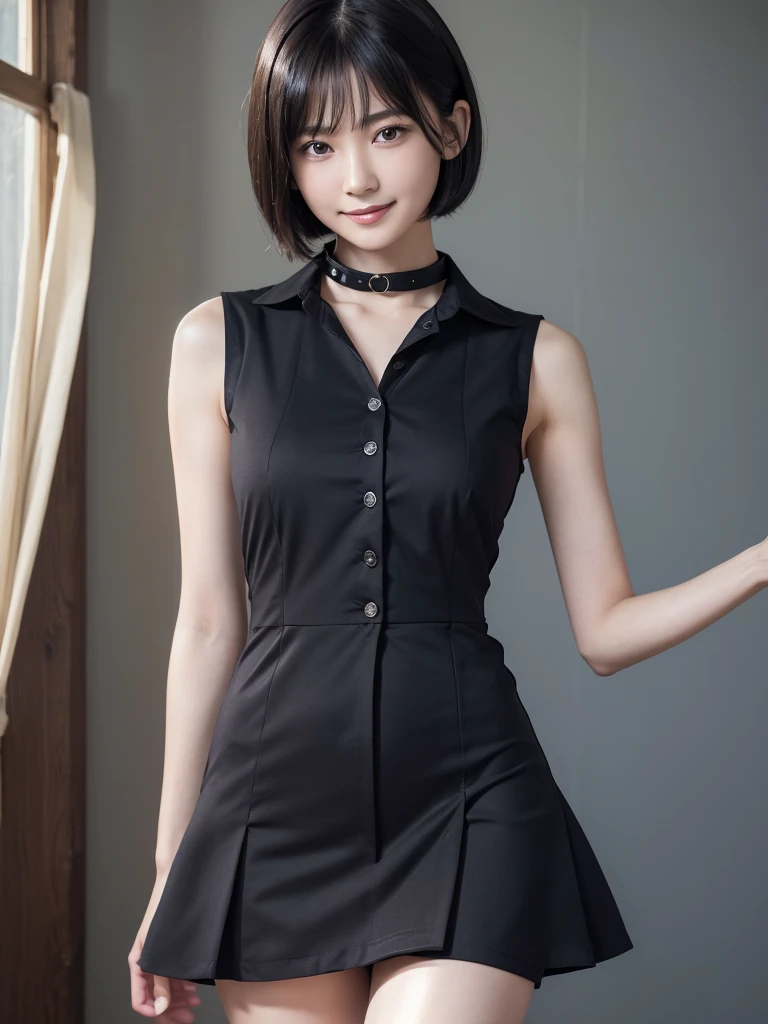 Highest quality、masterpiece、8k、Very detailed、Realistic、Looking at me with a smile、whole body、Black Hair、Short Hair、Small face、Slender、Big Breasts、Thin and beautiful legs、narrow and constricted waist,、A tight sleeveless dress with buttons and a collar、Very short tight skirt、All buttons on the shirt are closed
