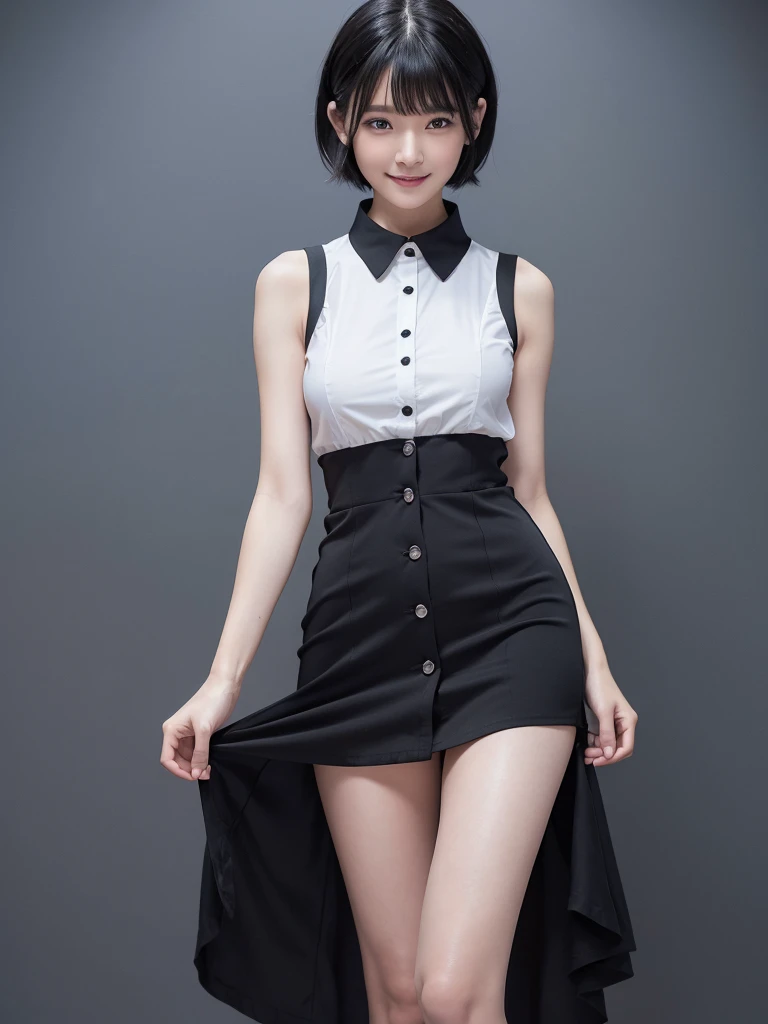 Highest quality、masterpiece、8k、Very detailed、Realistic、Looking at me with a smile、whole body、Black Hair、Short Hair、Small face、Slender、Big Breasts、Thin and beautiful legs、narrow and constricted waist,、A tight sleeveless dress with buttons and a collar、Very short tight skirt、All buttons on the shirt are closed