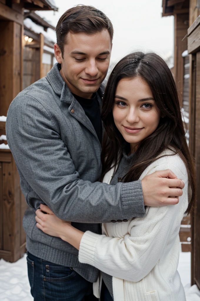 A husband and wife are hugging without wearing winter clothes