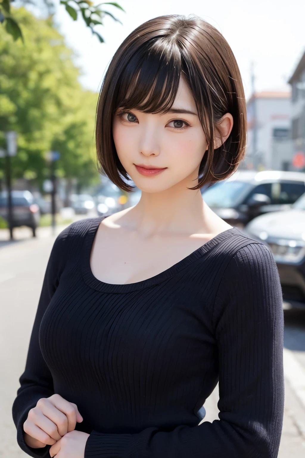 (masterpiece, Highest quality),One Girl, alone, hyper Realistic, Realistic,Realistic, Looking at the audience, Light brown eyes:1.4,Brunette Short Bob Hair with highly detailed shiny hair, Brightly colored winter clothes, Lepangas:1.4), Plein Air, Mouth closed, Upper Body、big chest eye、eyelash、{Hugeな|big chest|Hugeなな|Mega} chest:2, chestの谷間:2、{Huge|big|Hugeな|Mega} chest, chestの谷間、(((big chest eye、Short Bob Hair、Student Highlights、Gazing at the audience、She is very beautiful and cute、Listen carefully、Long neck、smile、Close your mouth and smile、Bangs and beautiful teeth、Perfect Anatomy)))、Ideal body type、(Snowy tree-lined road in winter in Norway)、美しいLong neck:1.4、