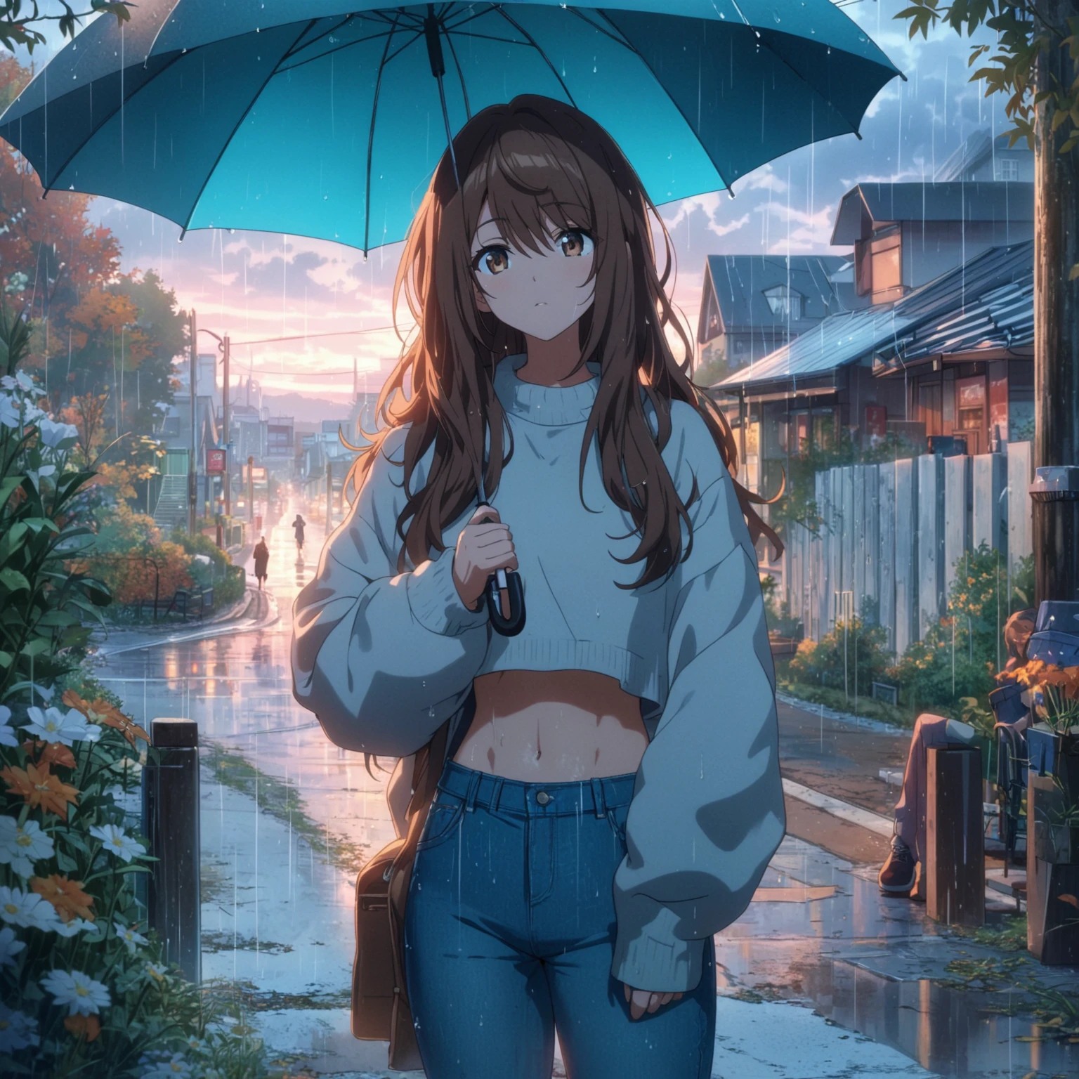 Best quality, masterpiece, dusk, holds umbrella, tree, very long brown hair swept bangs and brown eyes, baggy sweater, crop top overhang, slight abs, jeans, sneakers, anime, neighborhood, autumn, dirt path, weeds, stores, bench, flowers, outdoors, clouds,teal buildings, white steps, fence, road, people in background, rain, puddles, overcast, dusk,