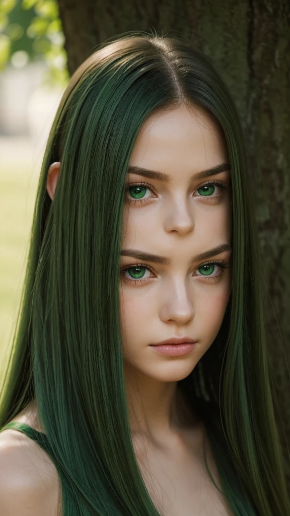 a girl. face sent feeling. Europe. Oval face. long face. delicate facial features. sullen eyes. seductively seductive. green eyes. long straight hair. green hair. insensitivity. shy. straight face. outdoor