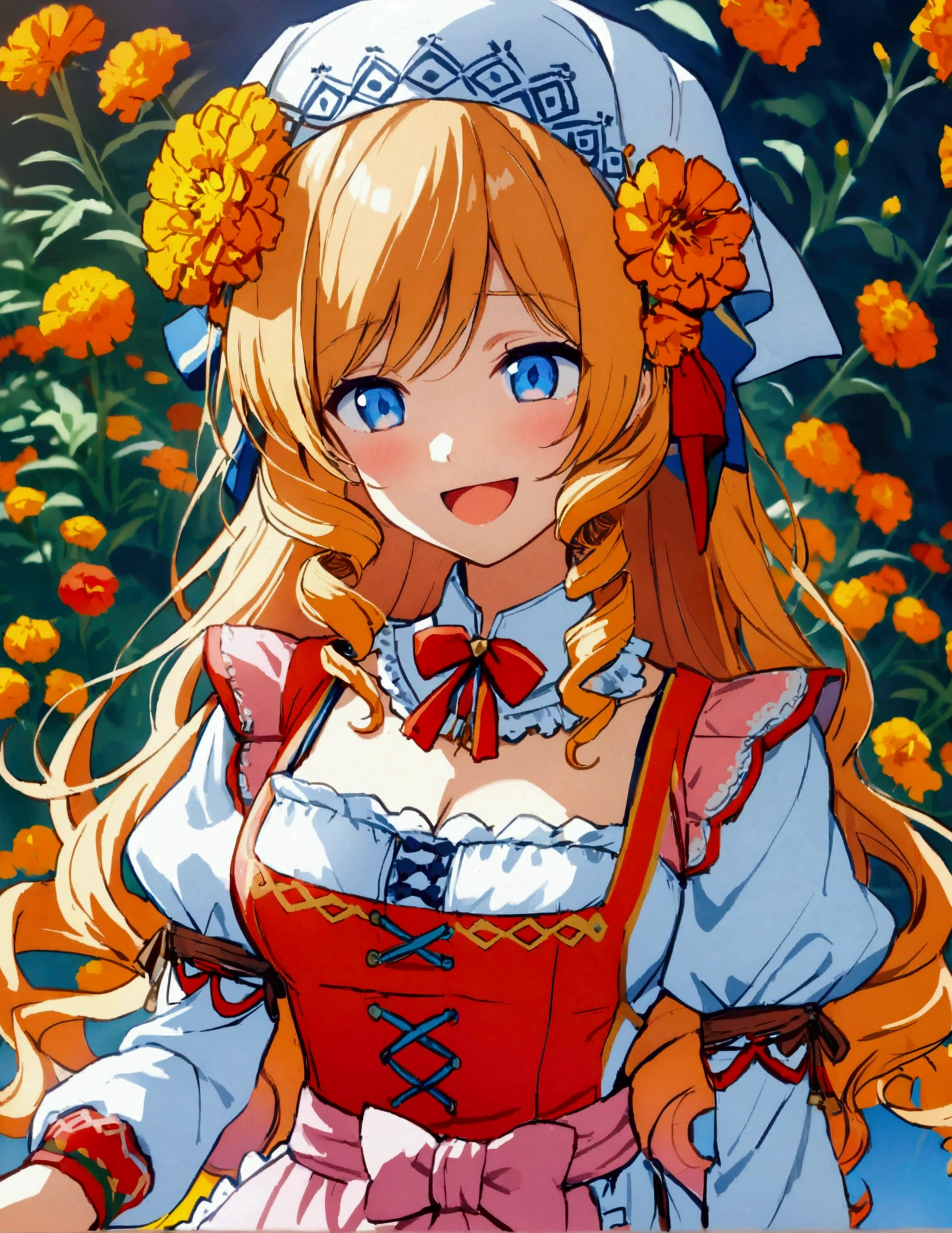 golden orange hair, gradient hair, very long hair, swept bangs, sidelocks, curly hair, wavy hair, (((((head scarf))))), head bandana, pink apron, flower in hair, marigold, orange flower, dirndl, pink dress, pink dirndl, long sleeves, waist apron, white apron, bow on waist, blue bow, , polish clothing, Slavic clothing, Hungarian clothing, anime, cute,, solo, exaggerated expression,  smile, open mouth, blue eyes, white stockings, black shoes, full body, (((Dutch angle)))