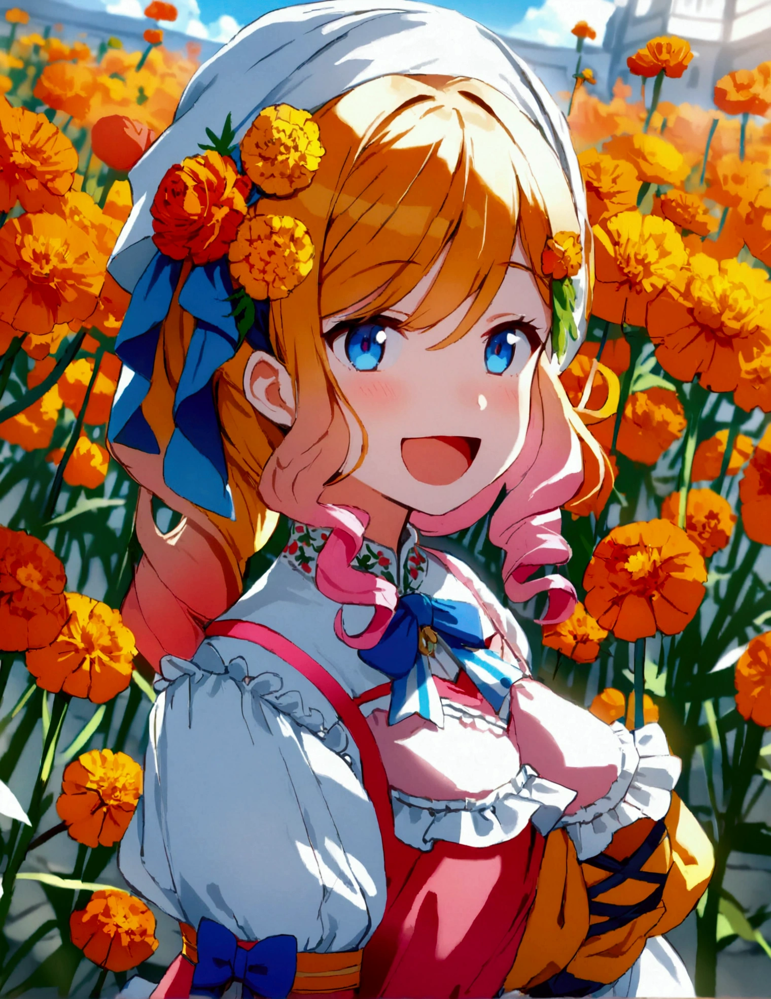 golden orange hair, gradient hair, very long hair, swept bangs, sidelocks, curly hair, wavy hair, (((((head scarf))))), head bandana, pink apron, flower in hair, marigold, orange flower, dirndl, pink dress, pink dirndl, long sleeves, waist apron, white apron, bow on waist, blue bow, , polish clothing, Slavic clothing, Hungarian clothing, anime, cute,, solo, exaggerated expression,  smile, open mouth, blue eyes, white stockings, black shoes, full body, (((Dutch angle)))