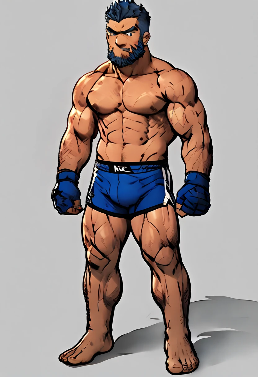 20 year old man, rough appearance, masculine, muscular, MMA fighter, short shaved tousled blue hair, green eyes, wide eyebrows, short beard on chin, Whole body, tight blue compression shorts, shirtless, MMA gloves