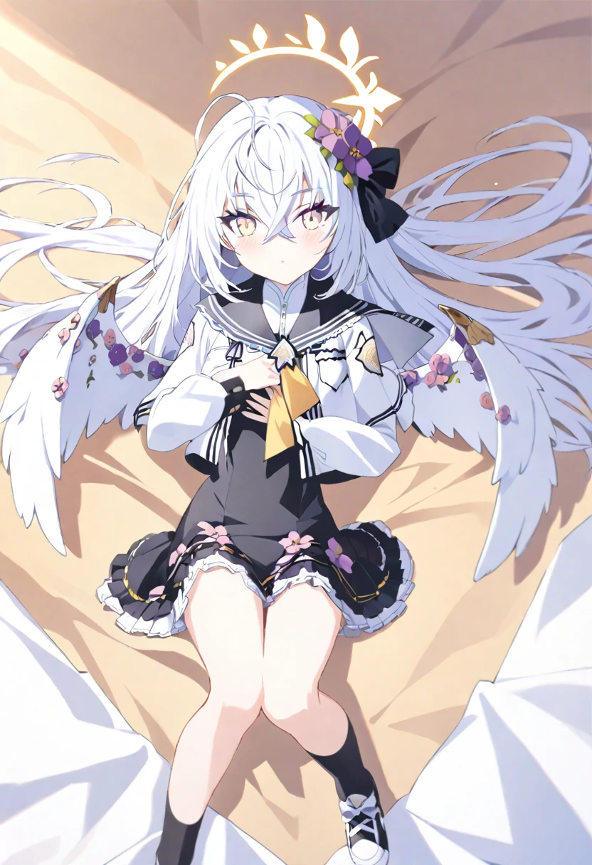 azusa \(blue archive\), 1girl ahoge bed_sheet black_ribbon black_sailor_collar black_socks blush cropped_jacket crossed_bangs dress flower frilled_dress frills from_above full_body hair_flower hair_ornament hair_ribbon halo hand_on_own_chest jacket long_hair long_sleeves looking_at_viewer lying neckerchief on_back ribbon sailor_collar shoes socks unworn_shoes white_jacket white_wings wings yellow_neckerchief