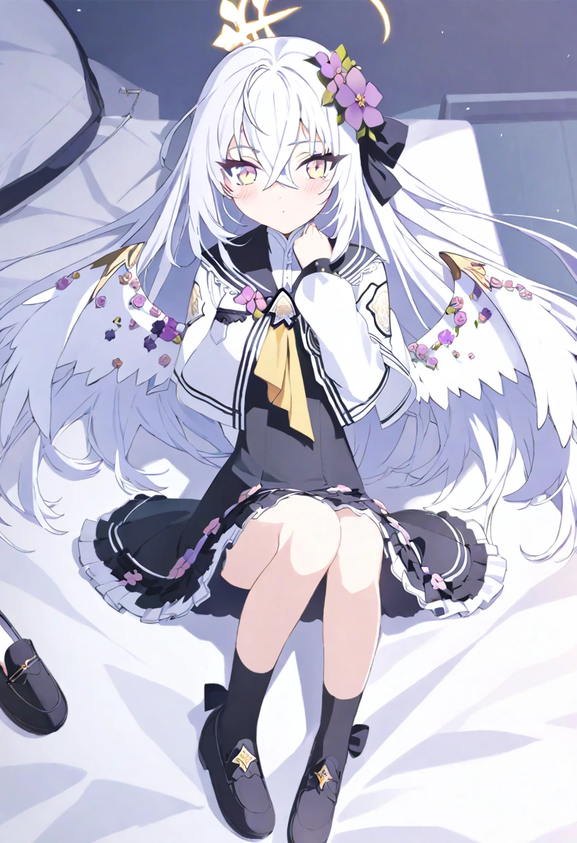 azusa \(blue archive\), 1girl ahoge bed_sheet black_ribbon black_sailor_collar black_socks blush cropped_jacket crossed_bangs dress flower frilled_dress frills from_above full_body hair_flower hair_ornament hair_ribbon halo hand_on_own_chest jacket long_hair long_sleeves looking_at_viewer lying neckerchief on_back ribbon sailor_collar shoes socks unworn_shoes white_jacket white_wings wings yellow_neckerchief