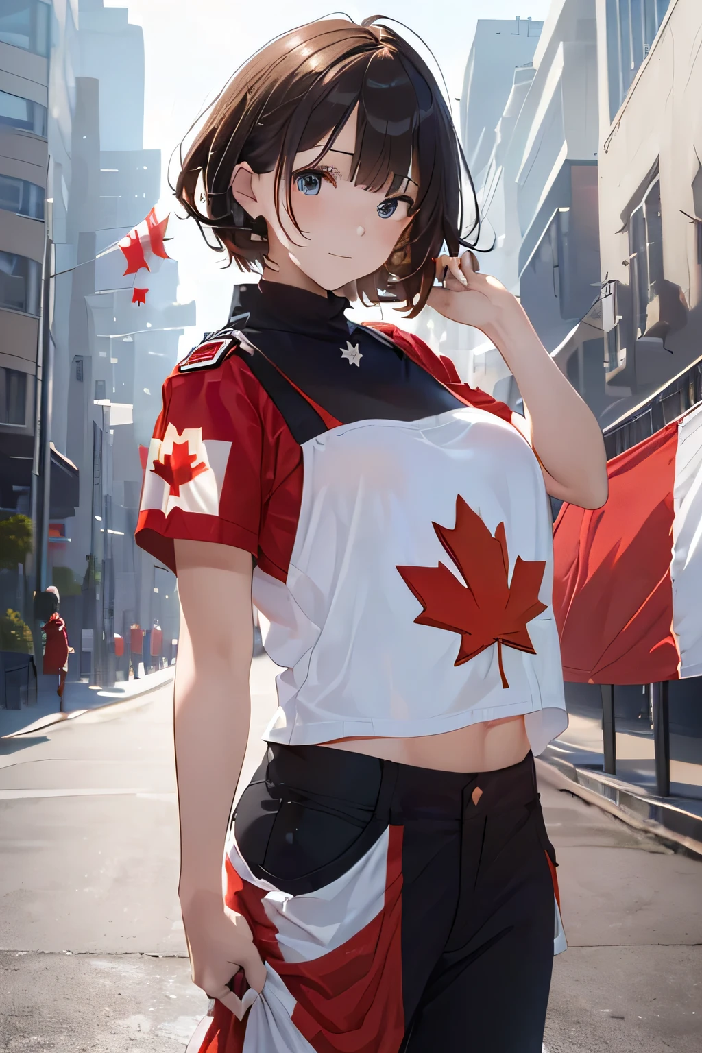 (((Canadian flag themed outfit:1.3))),(((Woman in men's clothing:1.3))),(Maple Leaf Flag),(masterpiece,Highest quality,Ultra-high resolution output images,Write boundary depth,Intricate details,Adding dimension to your subject with the contrast of light and shadow,Anatomically correct facial structure),(Picture Mode Ultra HD,)