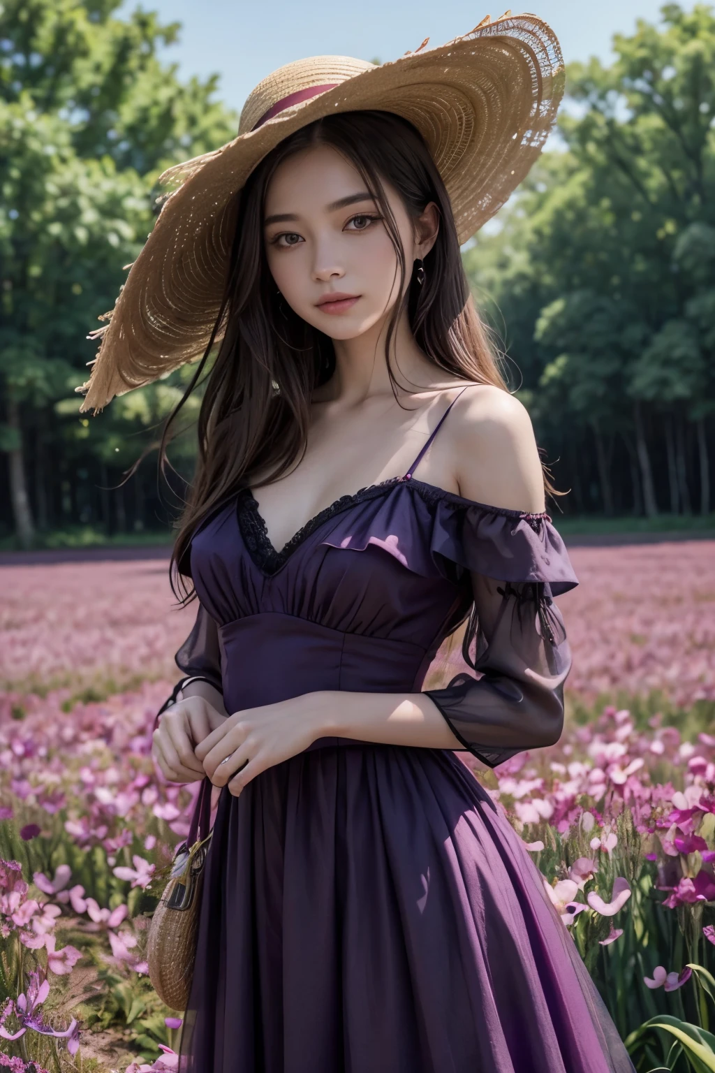 Elegant woman in a deep red dress and a straw hat, stands in the middle of a field of wild orchids of different shades of color, with her dress and her hair fluttering gently, a bright blue sky reigns overhead, fueling an atmosphere infused with calm serenity and touches of vibrant violet and purple, meticulous attention to detail in rendering tones, evocative brush strokes, dreamy artistic atmosphere, watercolor interpretation