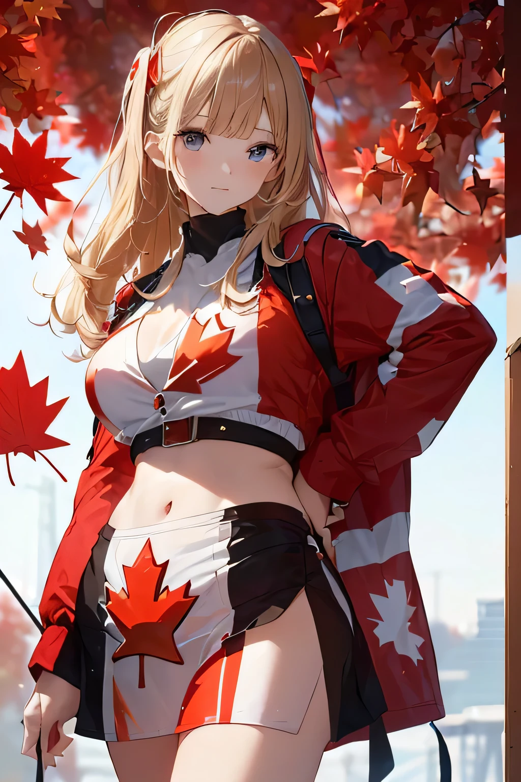 (((Canadian flag themed outfit:1.3))),(((Woman in men's clothing:1.3))),(Maple Leaf Flag),(masterpiece,Highest quality,Ultra-high resolution output images,Write boundary depth,Intricate details,Adding dimension to your subject with the contrast of light and shadow,Anatomically correct facial structure),(Picture Mode Ultra HD,)