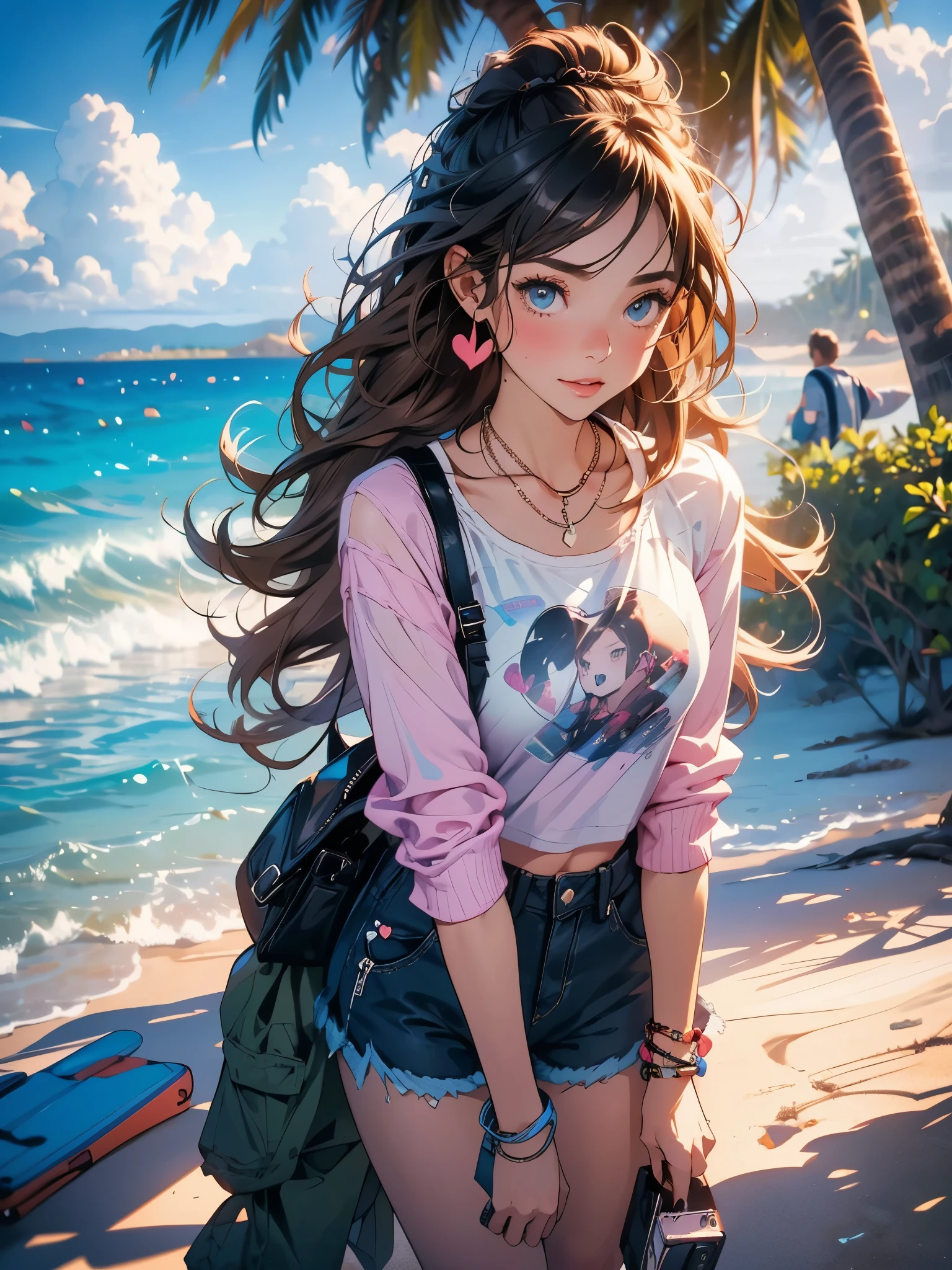 , long hair, shorts, shirt with hearts, chinelo, brownhair, greeneyes, (((She is playing on her cell phone on the beach, taking pictures)))