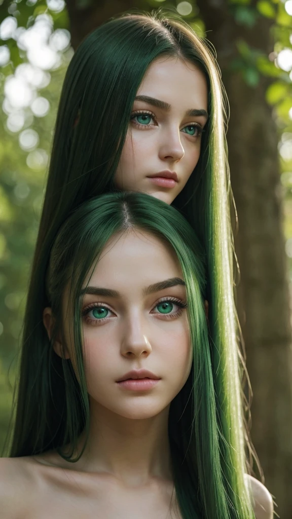 a girl. face sent feeling. Europe. Oval face. long face. delicate facial features. sullen eyes. seductively seductive. green eyes. long straight hair. green hair. insensitivity. shy. straight face. outdoor