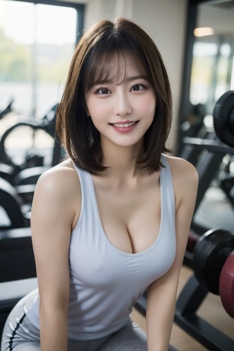 Gym Personal Trainer, Highest quality, shape, Very detailed, In detail, High resolution, 8k wallpaper, Perfect dynamic composition, Beautiful details,  Natural Lip,, Naked with nipples and pussy in full view, Sweating in the cleavage, She is smiling and teaching me as she straddles me..., A masterpiece of the whole body, Side Short