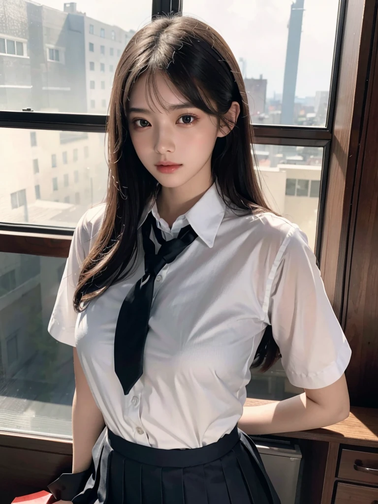 absurdres, RAW photo, extremely delicate and beautiful, masterpiece, Best Quality, ultra high resolution, 32k, hyperrealistic, ultra-detailed, big tits, whole body shot, (school_uniform:1.2),