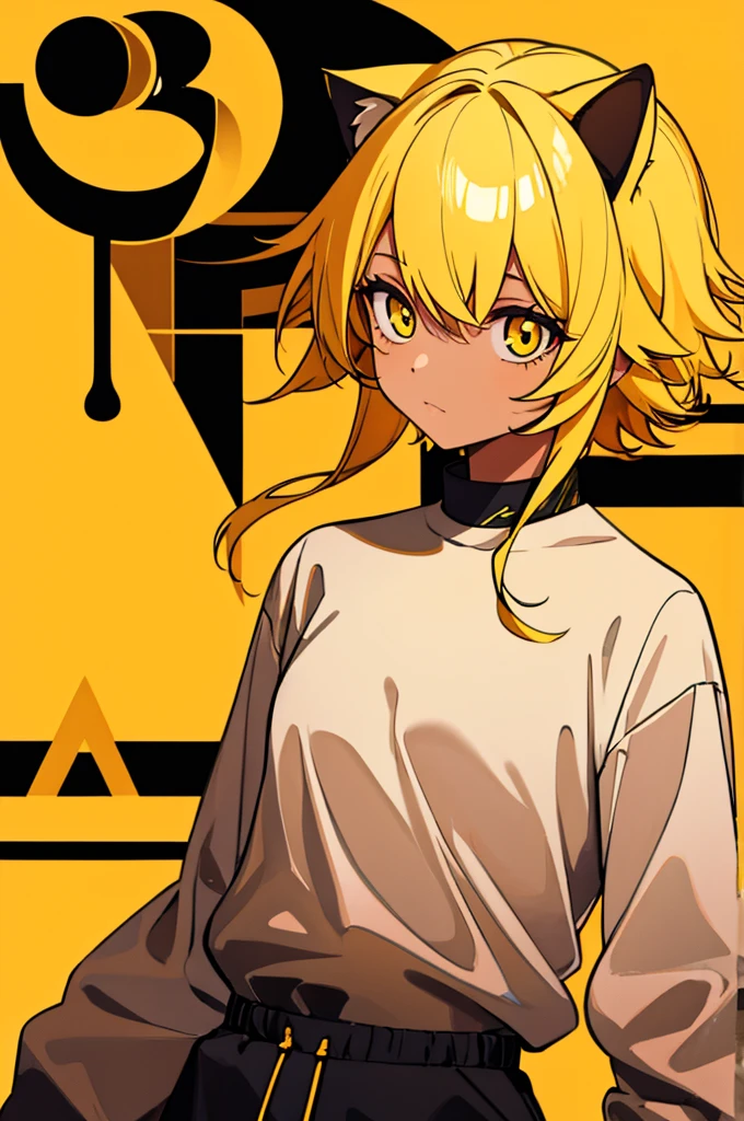 masterpiece, top-quality, 1girl, upper body, looking at camera, yellow hair, cat ears, tan skin, medium length hair, black and yellow outfit, yellow background