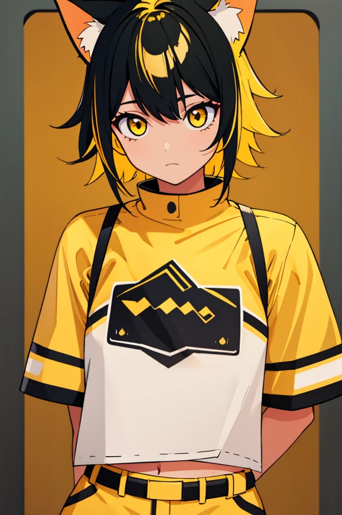 masterpiece, top-quality, 1girl, upper body, looking at camera, yellow hair, cat ears, tan skin, medium length hair, black and yellow outfit, yellow background