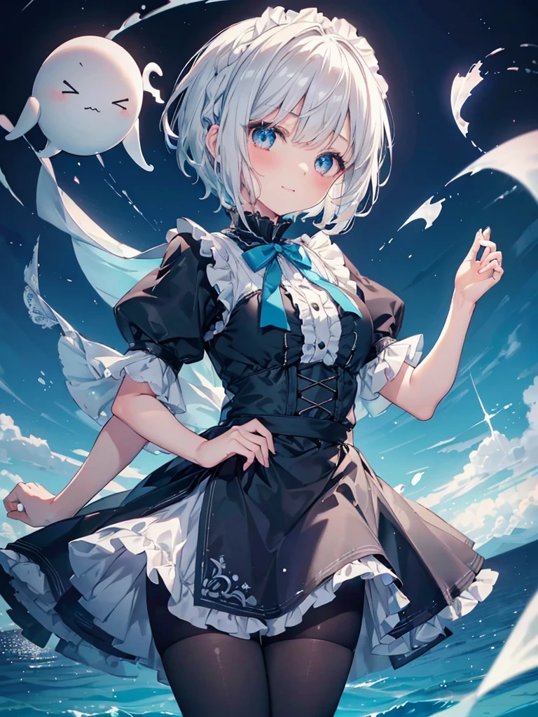 (kawai Quality figure), Ultra detailed,((Top quality)),beautiful girl, (short white hair), ((braided short hair)), her eyes is shining , (highly detailed beautiful eyes), charming smile, Fantasy atmosphere feeling,blue sea scenary,((dream invited blue )), (storm spring),kawaii figure, (Ghotic with long skirt),(Her outfit closely resembles a goth lolita aesthetic black), (blouse underneath), (a grey skirt with ruffled fabric underneath and a lace draping over it),(wears black tights),at sea,( spin dance )