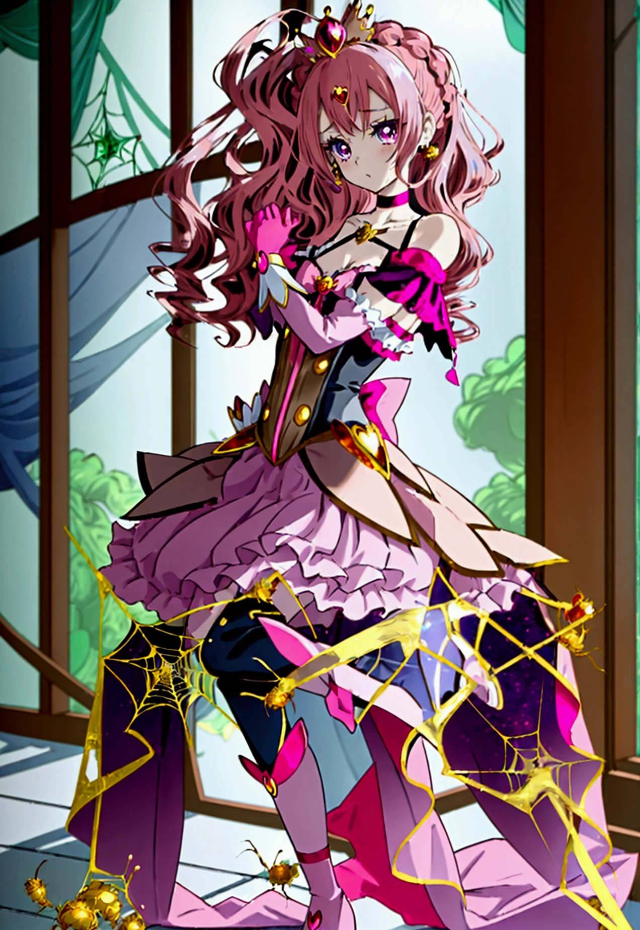 Create an anime-style girl with (((deep magenta eyes and long, wavy pink hair))) ((styled in an elegant frenchbraid)). (((She is slender, and  with small breasts))). ((Ensure a full-body shot of her)) wearing a (((magical girl-themed outfit.))) ((The outfit features a fitted bodice with a sweetheart neckline, gold embroidery, and pastel pink accents. The bodice has delicate rose gold spider web patterns. She wears a multi-layered knee-length skirt with a high-low hemline, the outermost layer sheer with gold and rose gold spider web patterns. She has off-the-shoulder puff sleeves, arm-length pastel pink gloves with gold trim, and a gold choker with a red gemstone. The outfit includes a short, detachable sheer cape with rose gold spider web patterns and is fastened with gold brooches. She wears pastel pink ankle boots with gold heels and rose gold laces. Accessories include a gold tiara with a red gemstone and gold spider-shaped hairpins.)) The overall look is regal and ethereal, with magical glowing effects. cutesexy, purinpuon pixiv, no future, a hyperrealistic , hyperrealistic , realistic , seductive (anime girl), smooth anime cg art, beautiful alluring anime teen, (purinpuon pixiv), ((magical girl)), (masterpiece), best quality, expressive eyes, perfect face ((Highest quality))、((8K))、(((8k wallpaper))) ((Full Body Shot: 1.5))、ultra detailed, masterpiece, best quality, solo ((purinpuon pixiv, no future)) (((purinpuon pixiv, no future)))