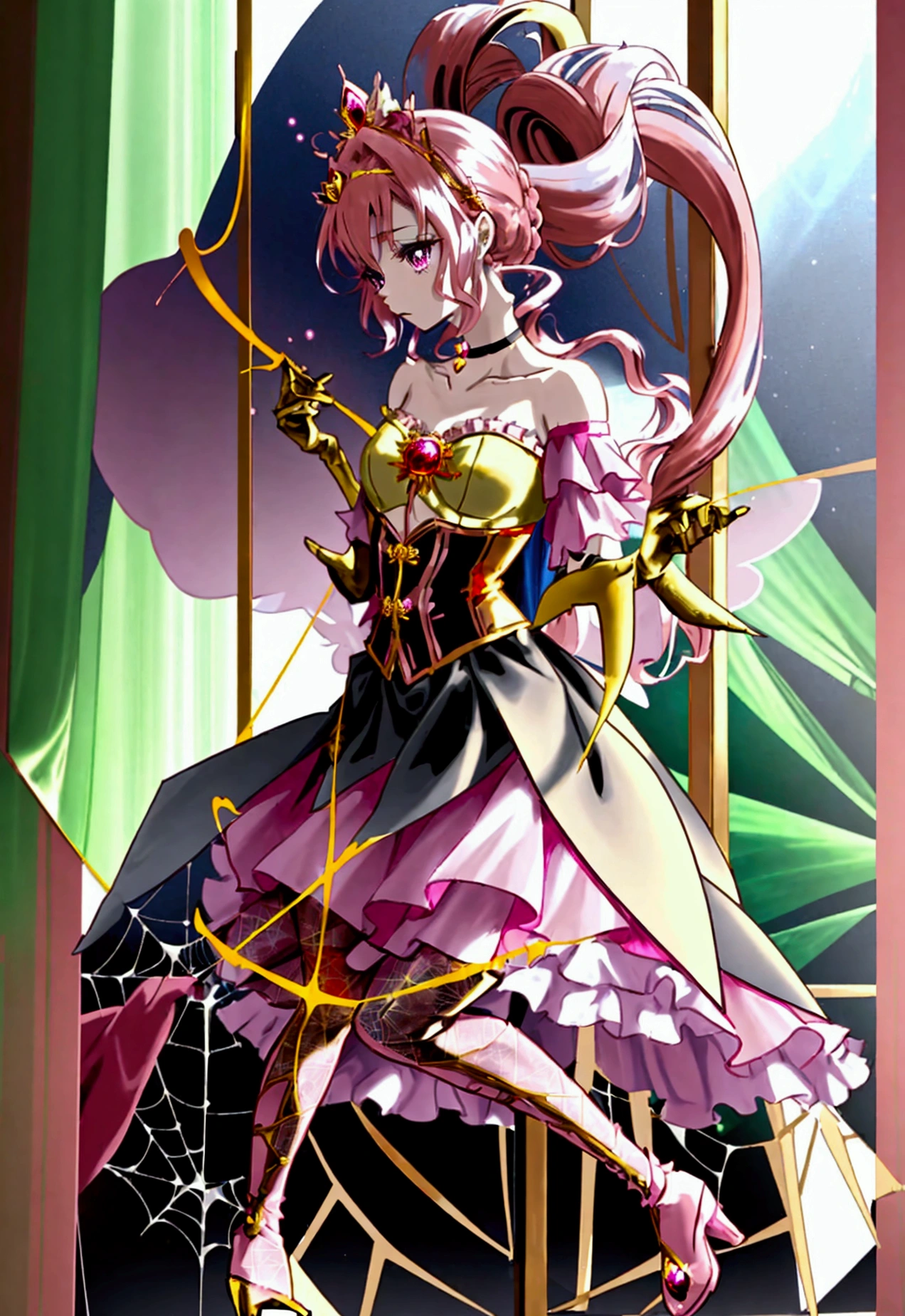 Create an anime-style girl with (((deep magenta eyes and long, wavy pink hair))) ((styled in an elegant frenchbraid)). (((She is slender, and  with small breasts))). ((Ensure a full-body shot of her)) wearing a (((magical girl-themed outfit.))) ((The outfit features a fitted bodice with a sweetheart neckline, gold embroidery, and pastel pink accents. The bodice has delicate rose gold spider web patterns. She wears a multi-layered knee-length skirt with a high-low hemline, the outermost layer sheer with gold and rose gold spider web patterns. She has off-the-shoulder puff sleeves, arm-length pastel pink gloves with gold trim, and a gold choker with a red gemstone. The outfit includes a short, detachable sheer cape with rose gold spider web patterns and is fastened with gold brooches. She wears pastel pink ankle boots with gold heels and rose gold laces. Accessories include a gold tiara with a red gemstone and gold spider-shaped hairpins.)) The overall look is regal and ethereal, with magical glowing effects. cutesexy, purinpuon pixiv, no future, a hyperrealistic , hyperrealistic , realistic , seductive (anime girl), smooth anime cg art, beautiful alluring anime teen, (purinpuon pixiv), ((magical girl)), (masterpiece), best quality, expressive eyes, perfect face ((Highest quality))、((8K))、(((8k wallpaper))) ((Full Body Shot: 1.5))、ultra detailed, masterpiece, best quality, solo ((purinpuon pixiv, no future)) (((purinpuon pixiv, no future)))