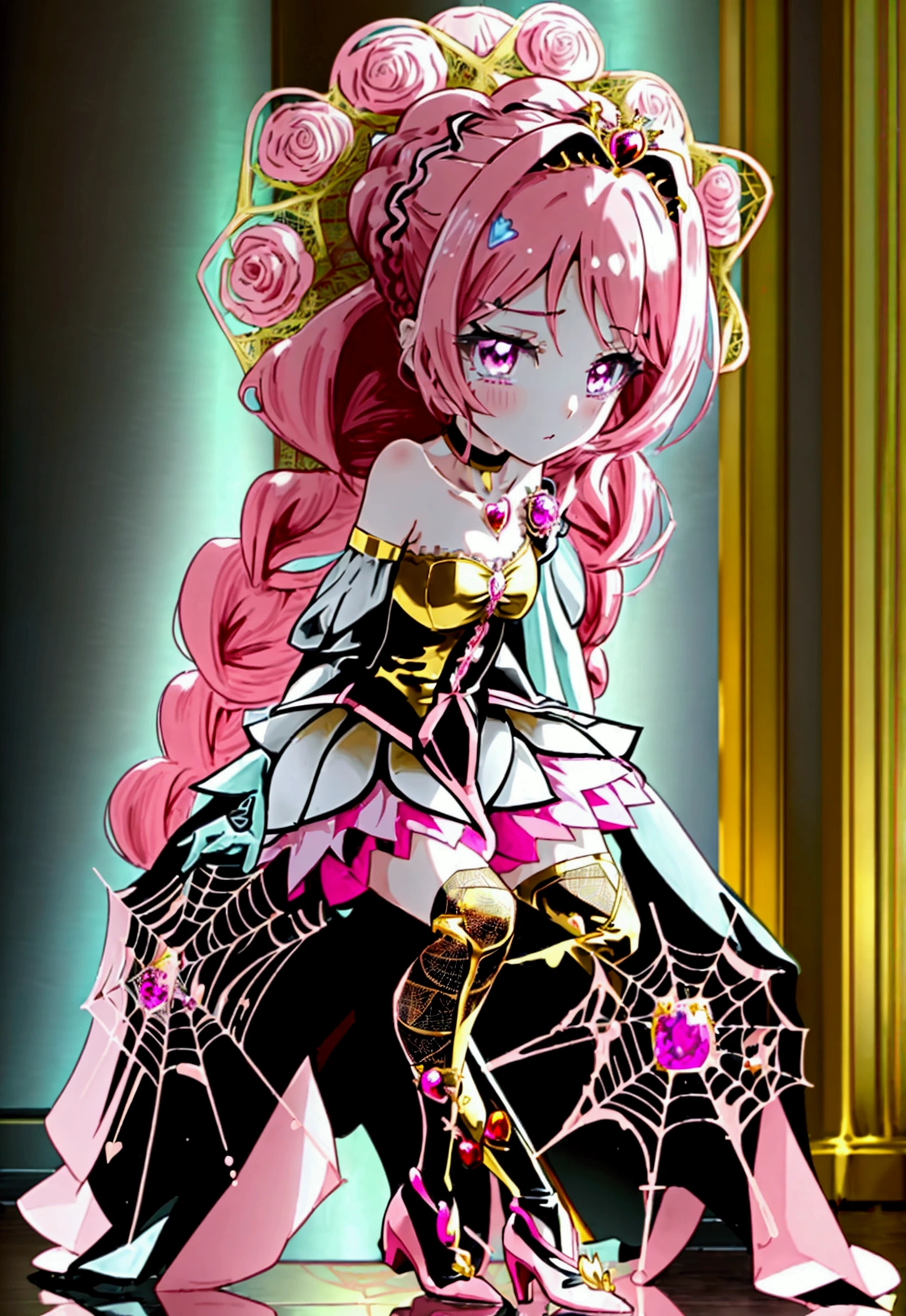 Create an anime-style girl with (((deep magenta eyes and long, wavy pink hair))) ((styled in an elegant frenchbraid)). (((She is slender, and  with small breasts))). ((Ensure a full-body shot of her)) wearing a (((magical girl-themed outfit.))) ((The outfit features a fitted bodice with a sweetheart neckline, gold embroidery, and pastel pink accents. The bodice has delicate rose gold spider web patterns. She wears a multi-layered knee-length skirt with a high-low hemline, the outermost layer sheer with gold and rose gold spider web patterns. She has off-the-shoulder puff sleeves, arm-length pastel pink gloves with gold trim, and a gold choker with a red gemstone. The outfit includes a short, detachable sheer cape with rose gold spider web patterns and is fastened with gold brooches. She wears pastel pink ankle boots with gold heels and rose gold laces. Accessories include a gold tiara with a red gemstone and gold spider-shaped hairpins.)) The overall look is regal and ethereal, with magical glowing effects. cutesexy, purinpuon pixiv, no future, a hyperrealistic , hyperrealistic , realistic , seductive (anime girl), smooth anime cg art, beautiful alluring anime teen, (purinpuon pixiv), ((magical girl)), (masterpiece), best quality, expressive eyes, perfect face ((Highest quality))、((8K))、(((8k wallpaper))) ((Full Body Shot: 1.5))、ultra detailed, masterpiece, best quality, solo ((purinpuon pixiv, no future)) (((purinpuon pixiv, no future)))