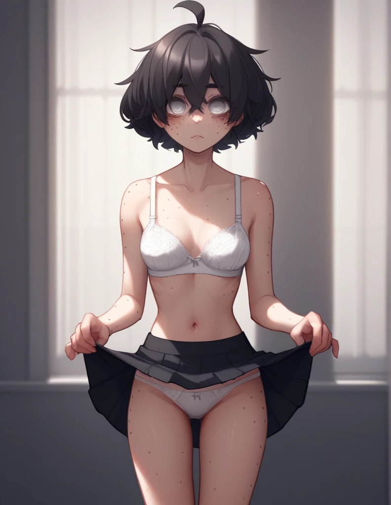 1 girl, alone, ppka, black fur, short hair, messy fur, Ahoge, parts, parts por todo el cuerpo, grey eyes, blind eyes, kind eyes, flushed, sexy look, beautiful look, looking at the viewer,
bra, bra negro, black brigade,
mini skirt, mini skirt a cuadritos, mini skirt gris,
visible panties, abdomen visible, visible navel, visible panties, visible legs, lifting the skirt, skirt up,
freckles on the face, room