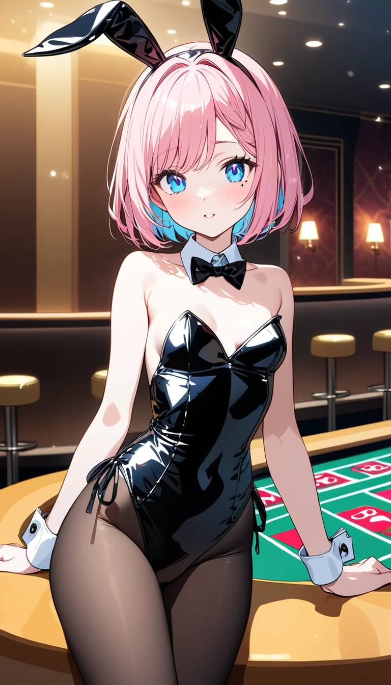 (1 girl),(manga's crisp and clean line art:1.2),(Best Picture Quality, 8K, Masterpiece:1.3), (high school student:1.5), ((pink lob hair:1.1)), (bob cut),(swept bangs), (cute eyes, pupil black, iris skyblue, youthful face), (mole under right eye), (standard weight), (small breasts),(big hip), (glistening skin:1.1),(pale skin:1.2), ((playboy bunny costume:1.2)), (black pantyhose), VIP lounge in casino.