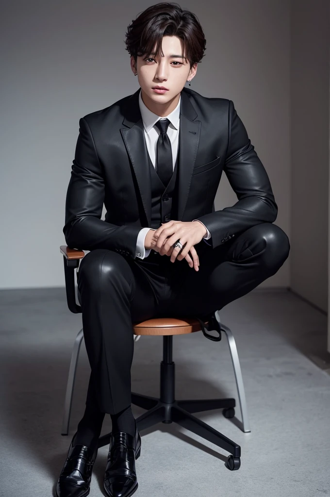 I want you to create an image with Jungkook from BTS wearing a black tailored suit, his hair combed back and I want him sitting in a leather office chair
