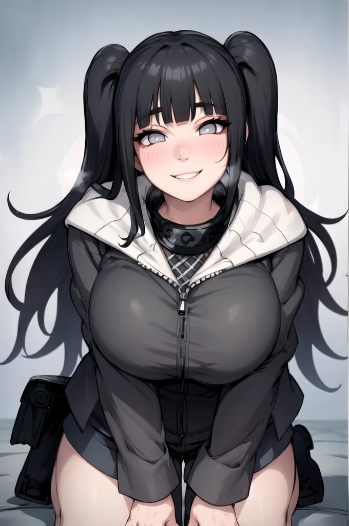 On knees, blowjob, throw. Cum on face, facial, happy. big tits, grey eyes, black fur. smiling. , sticky and thick all over the face.
