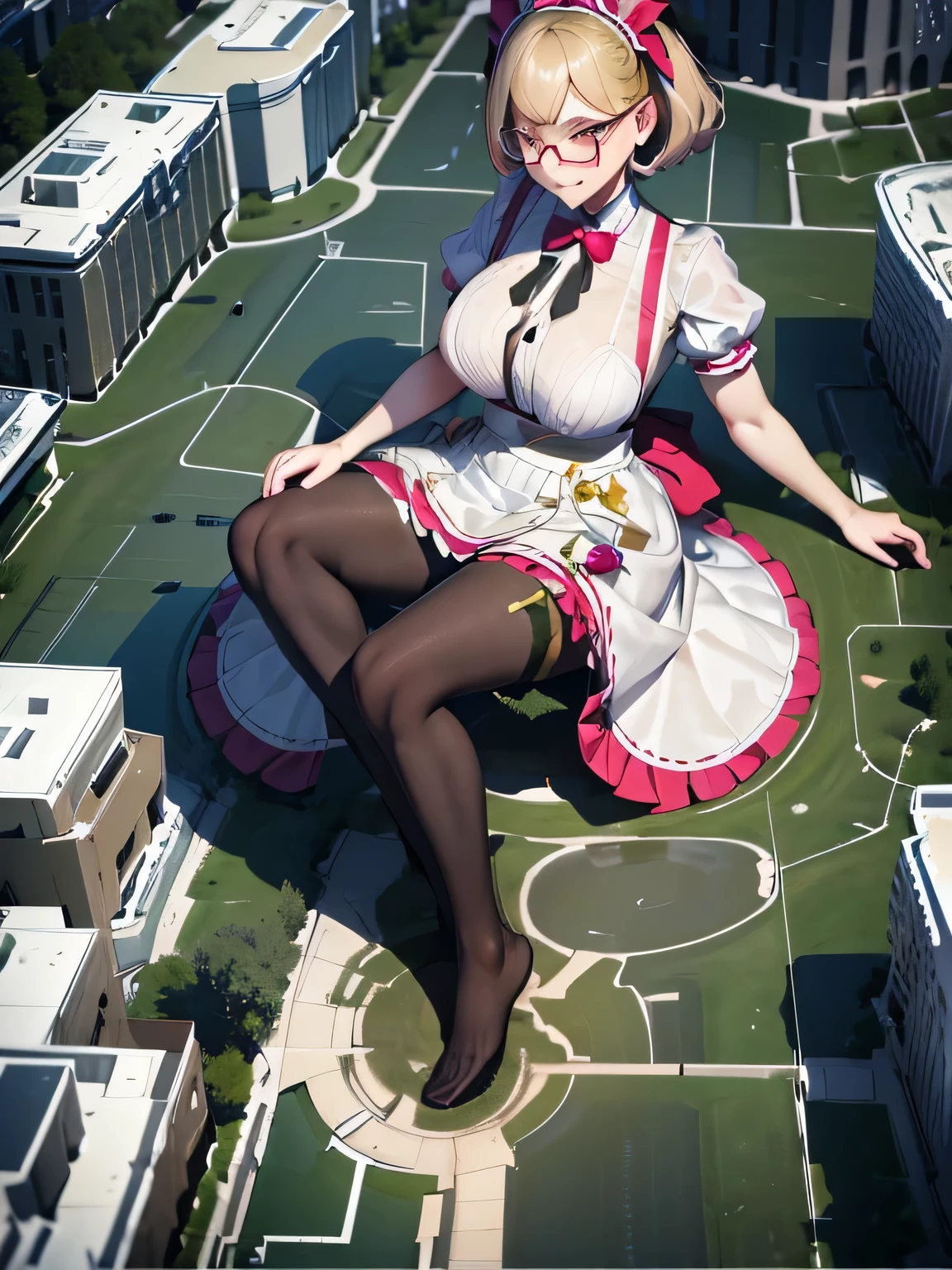 multiple girls, giantess art, highly detailed giantess shots, giantess, most detailed, perfect face, Two legs, Five fingers, short hair, A beautiful girl who is bigger than a skyscraper, Wearing rimless glasses, smile, huge breasts, Maid clothes, Black Pantyhose, no shoes on, toes visible through pantyhose, Steam coming out from the soles of my feet, Destroying cities, Under heavy attack, A very small big city, Miniature metropolis, Full body description, GTS, giga giantess, stomping city, crash city, tiny city, micro city, pantyhose feet, High resolution, highest quality, masterpiece,