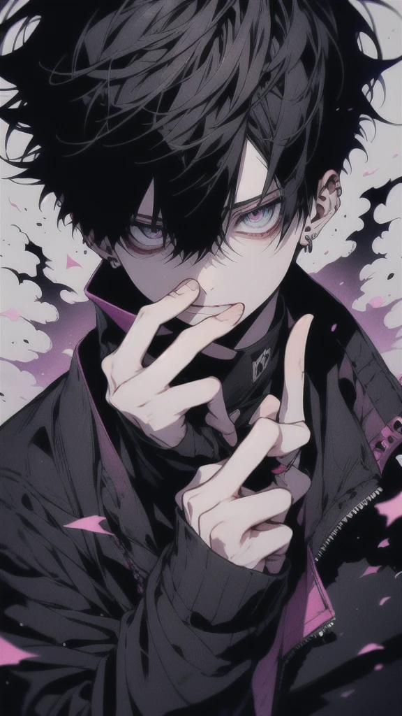 A man wearing a black jacket and white shirt is raising his hand, Anime Shōnen, Male Anime Style, Inspired by Kun Kang, ken kaneki, kaneki ken, Gap Moe Yandere, With index finger, Anime Moe Art Style, inspired by Okumura Togyu, Handsome anime pose, [[[[smile wickedly]]]