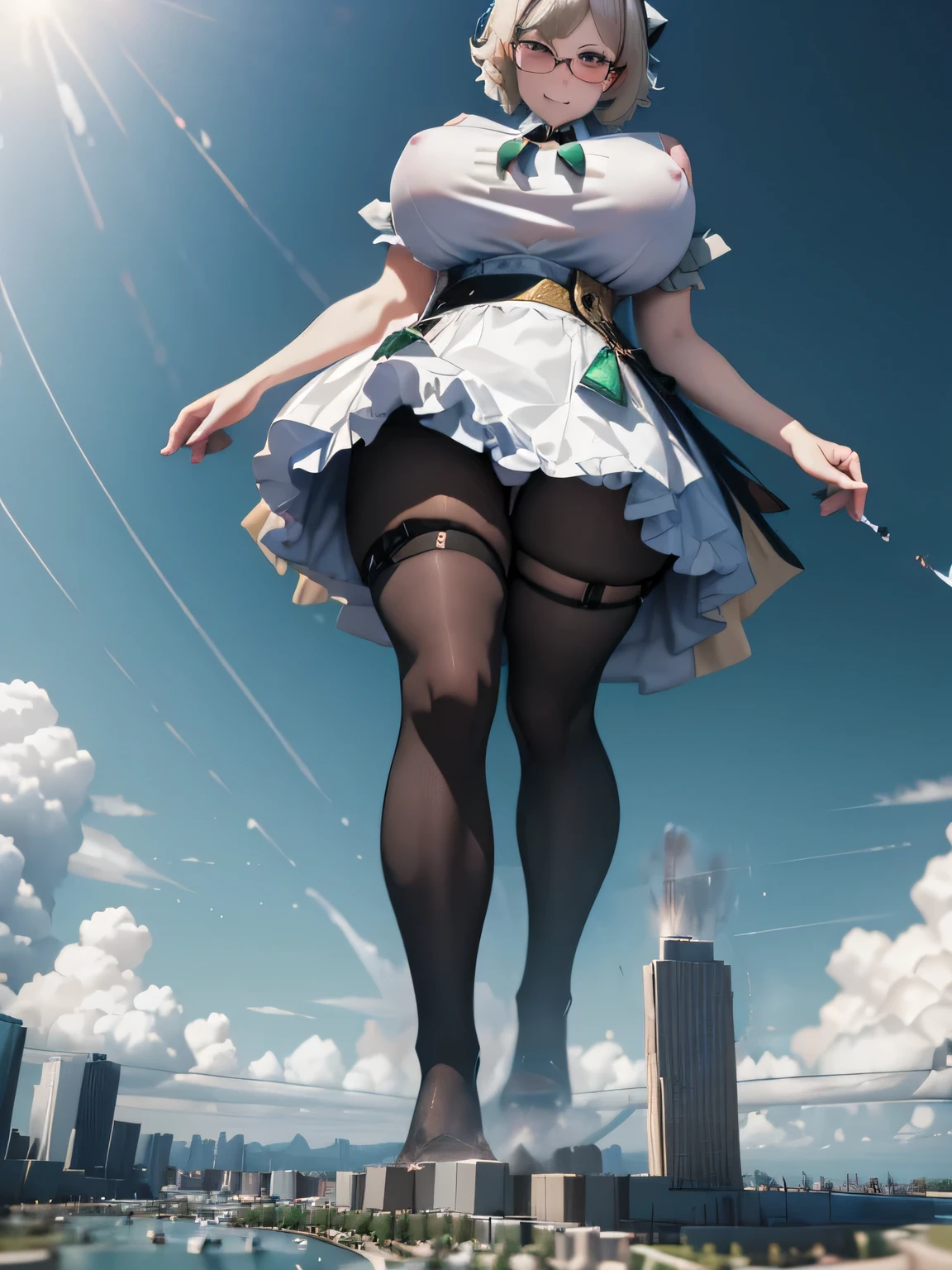 multiple girls, giantess art, highly detailed giantess shots, giantess, most detailed, perfect face, Two legs, Five fingers, short hair, A beautiful girl who is bigger than a skyscraper, Wearing rimless glasses, smile, huge breasts, Maid clothes, Black Pantyhose, no shoes on, toes visible through pantyhose, Steam coming out from the soles of my feet, Destroying cities, Under heavy attack, A very small big city, Miniature metropolis, Full body description, GTS, giga giantess, stomping city, crash city, tiny city, micro city, pantyhose feet, High resolution, highest quality, masterpiece, 