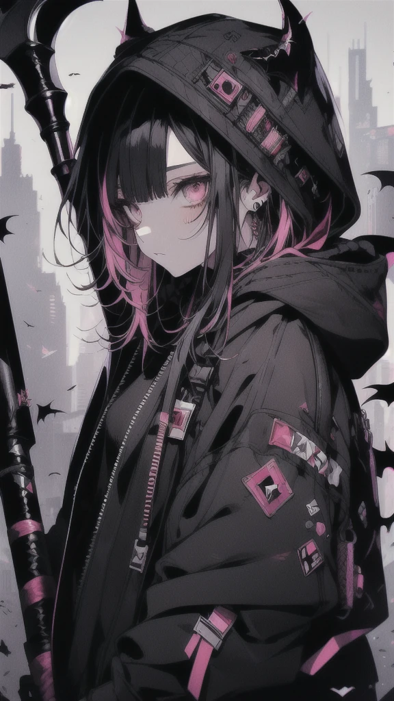 Woman in black dress holding a scythe in front of a city, Gap Moe Yandere Grimdark, from Arknights, Cyberpunk Anime Girl in hoodie, Gothic Maiden Anime Girl, Arknights, Devil Anime Girl, portrait Gap Moe Yandere Grimdark, Cyberpunk Anime Girl, akatsuki akira, Nightcore, vampire, Jan J