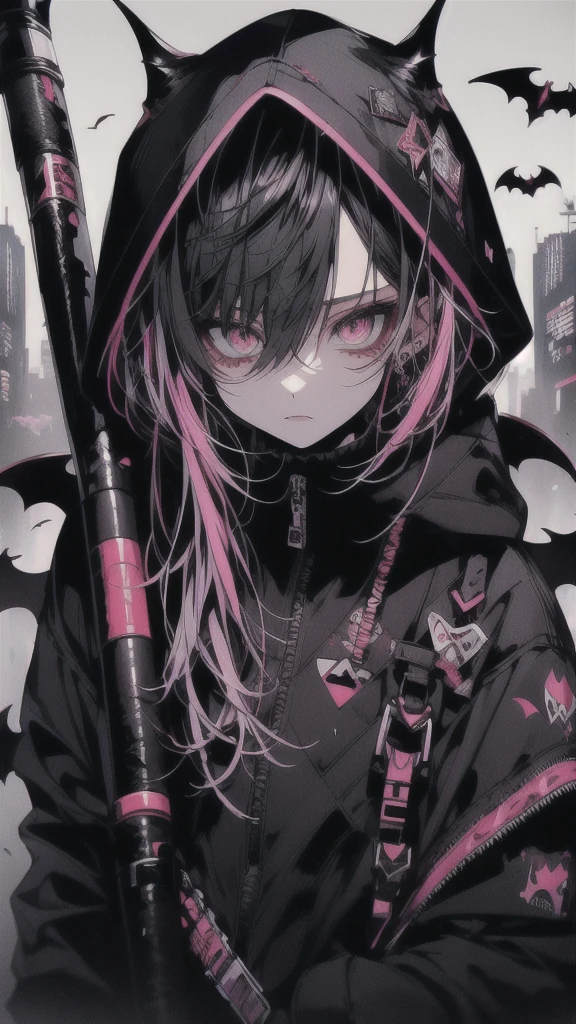 Woman in black dress holding a scythe in front of a city, Gap Moe Yandere Grimdark, from Arknights, Cyberpunk Anime Girl in hoodie, Gothic Maiden Anime Girl, Arknights, Devil Anime Girl, portrait Gap Moe Yandere Grimdark, Cyberpunk Anime Girl, akatsuki akira, Nightcore, vampire, Jan J