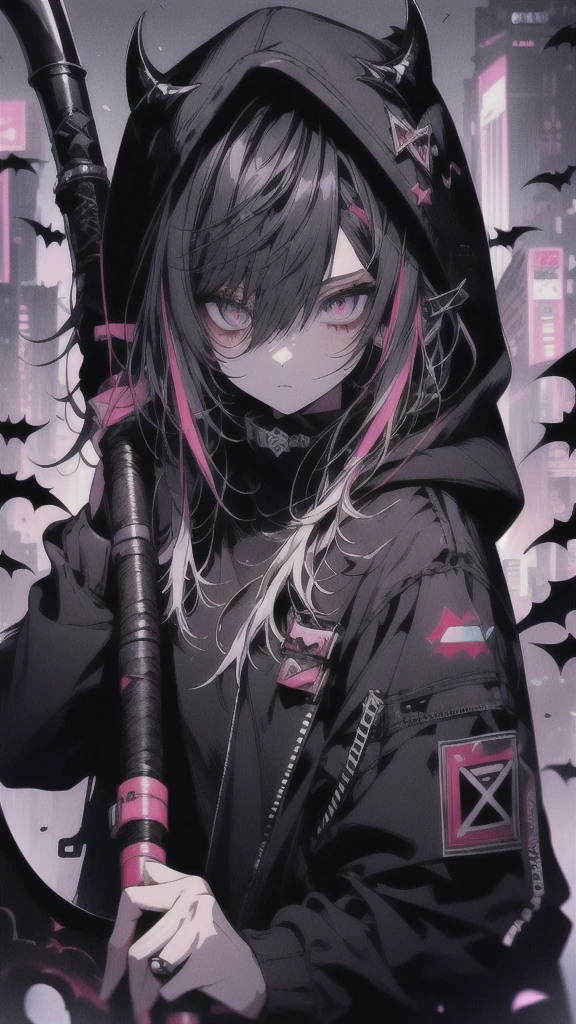Woman in black dress holding a scythe in front of a city, Gap Moe Yandere Grimdark, from Arknights, Cyberpunk Anime Girl in hoodie, Gothic Maiden Anime Girl, Arknights, Devil Anime Girl, portrait Gap Moe Yandere Grimdark, Cyberpunk Anime Girl, akatsuki akira, Nightcore, vampire, Jan J