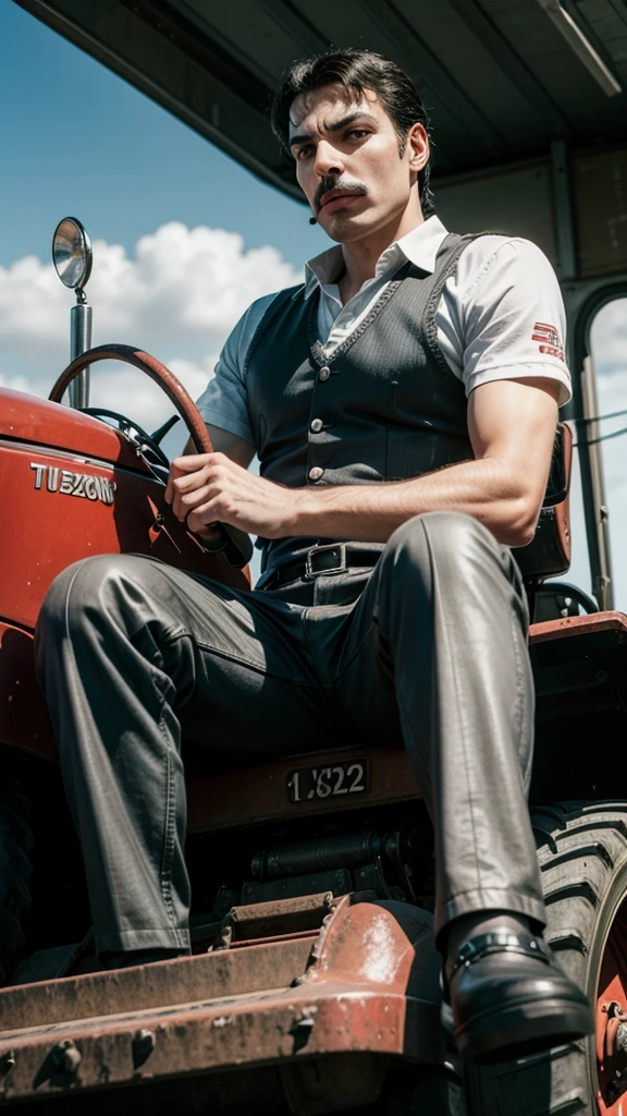 Freddie Mercury driving a tractor