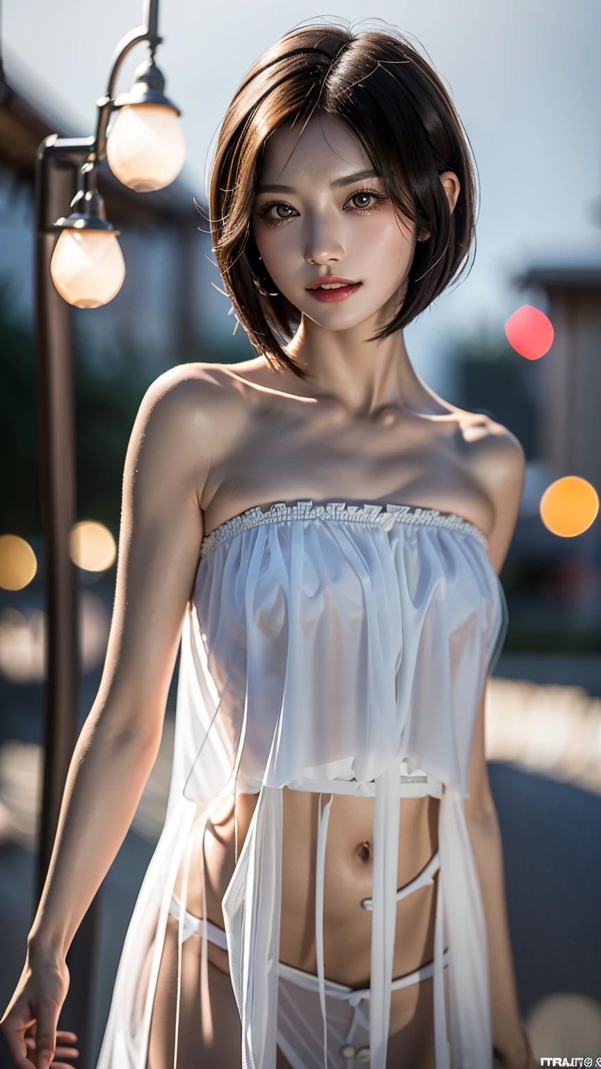 masterpiece, beautiful girl, Brown eyes、A beautiful, goddess-like smile、((Lighting the face:1.5)、((No underwear:1.9))、Exposed armpits:1.4、detailed, Beautiful Eyes, (Wear a revealing, thin, transparent, strapless camisole:1.7)、(Brown short bob cut:1.5)、highest quality, 超A high resolution, (reality: 1.4), Original photo, One Girl, Cinema Lighting, (Laughter:0.6), Japanese, Asian Beauty, Korean, Proper, Truly beautiful, A slightly younger face, Beautiful skins,Orange Hair、 slim and small breasts, Wear a strapless camisole that flatters your figure:1.6、Night view background, (Ultra-realistic), (Raise awareness), (High resolution), (8k), (Very detailed), (The best Raise awarenessns), (Beautiful and detailed eyes), (Super detailed), (wallpaper), (Detailed face), Looking at the audience, Detailed, Detailed face、Deep Shadow、Inconspicuous、Pure erotic face ace_v1、46 point diagonal bangs、Look straight ahead、I can see her small breasts, Flat Chest、Brown eyes、nsfw,