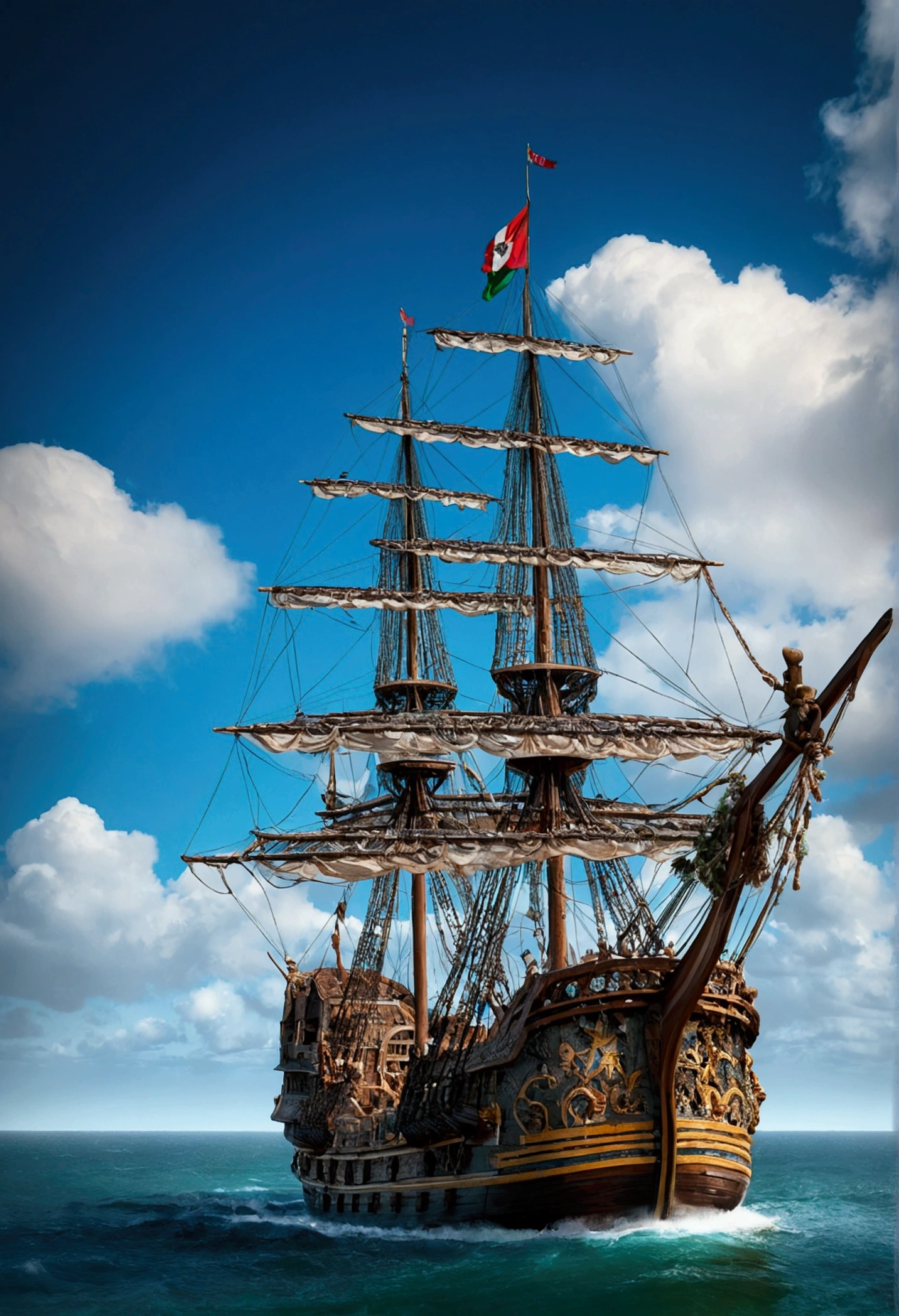 A 16th century Portuguese ship at anchor with its crew, first work, Better Quality, high quality, papel de parede Very detailed da unidade CG 8k, landscape, Outdoor, heaven, cloud, teeth, Portuguese Caravel, March, crew, Award-winning photography, Bokeh, Depth of written boundary, High resolution, flower, chromatic aberration, Realistic, Very detailed, Trending on Art Station, CGsociety Trends, Complex, high definition, dramatic, Art on the road
